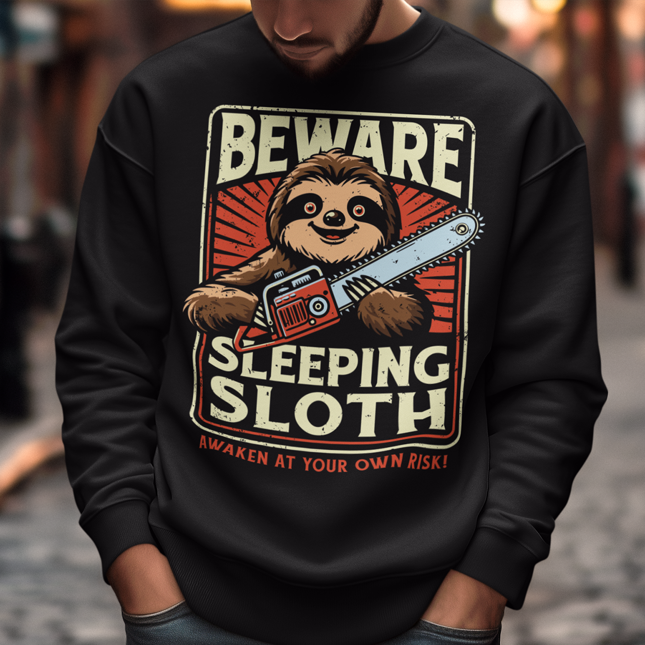 Unleash your inner wild with this hilariously unexpected shirt! Featuring a laid-back sloth wielding a chainsaw, this design turns slow and sleepy into something seriously fierce. Bold text above reads "BEWARE", while below it warns with a wink: "SLEEPING SLOTH". Perfect for those who might look relaxed on the outside but are ready to cut through anything in their path because even rebellious sloths like to stay cozy. Great for sloth lovers, pun enthusiasts, and anyone with a chill vibe.