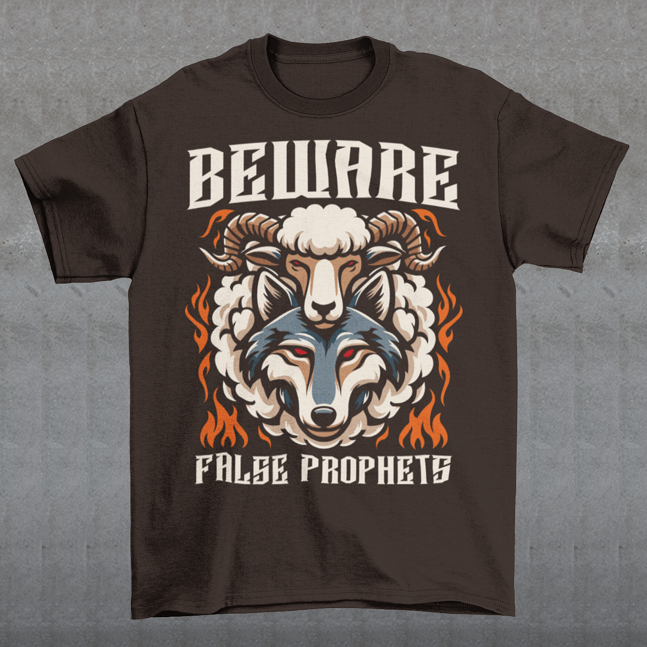 Introducing our captivating and cautionary design: "Beware False Prophets." This unique t-shirt features a striking illustration of a wolf adorned in the deceptive guise of a sheep. Crafted with meticulous attention to detail, the wolf's piercing eyes convey an ominous warning, serving as a reminder to stay vigilant against those who masquerade under false pretenses.