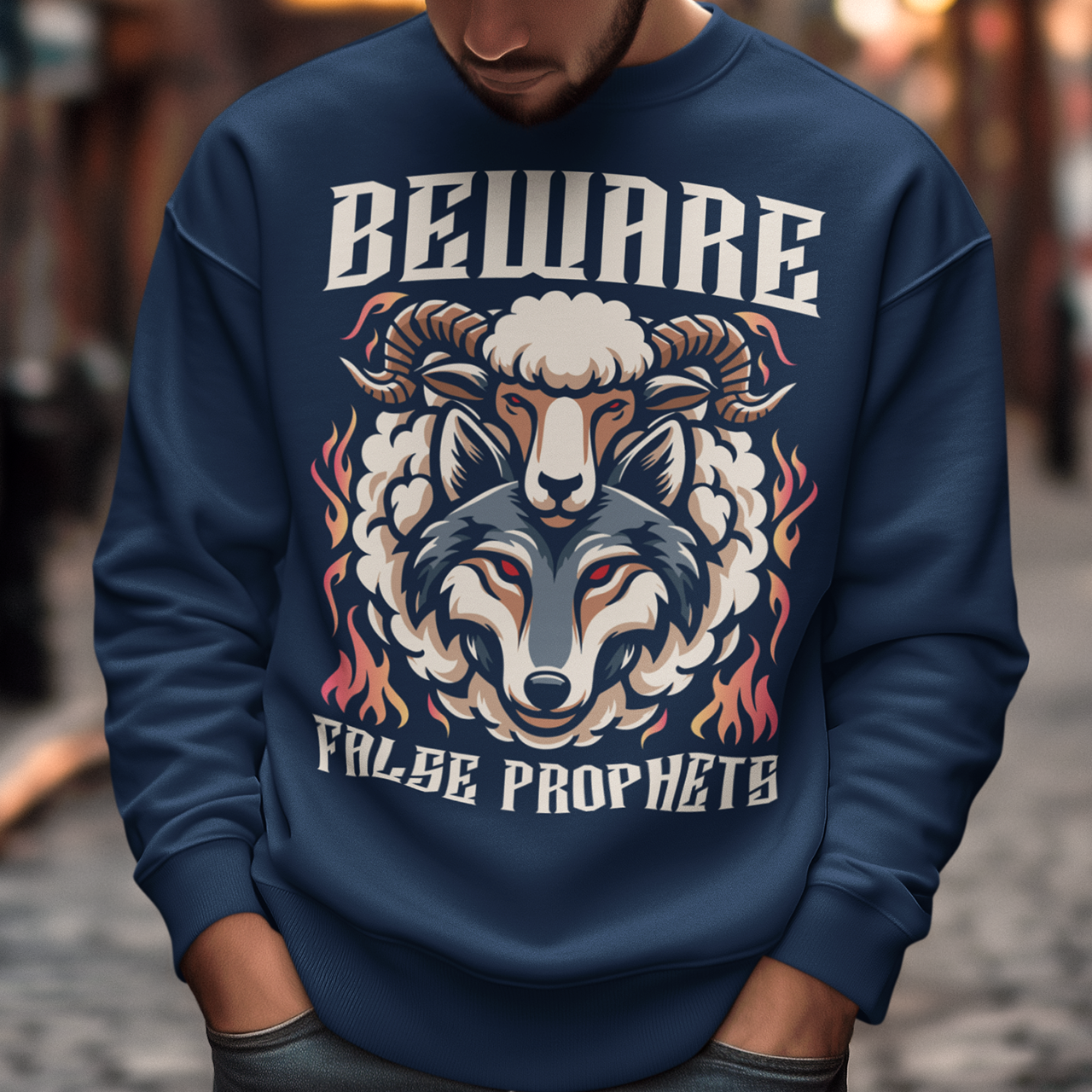 Introducing our captivating and cautionary design: "Beware False Prophets." This unique sweatshirt features a striking illustration of a wolf adorned in the deceptive guise of a sheep. Crafted with meticulous attention to detail, the wolf's piercing eyes convey an ominous warning, serving as a reminder to stay vigilant against those who masquerade under false pretenses.