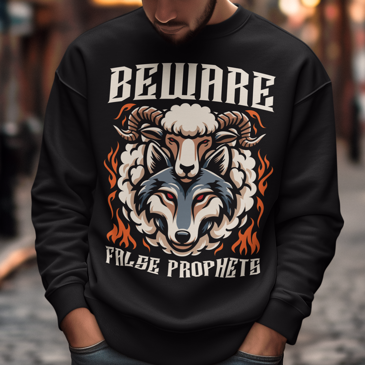 Introducing our captivating and cautionary design: "Beware False Prophets." This unique sweatshirt features a striking illustration of a wolf adorned in the deceptive guise of a sheep. Crafted with meticulous attention to detail, the wolf's piercing eyes convey an ominous warning, serving as a reminder to stay vigilant against those who masquerade under false pretenses.
