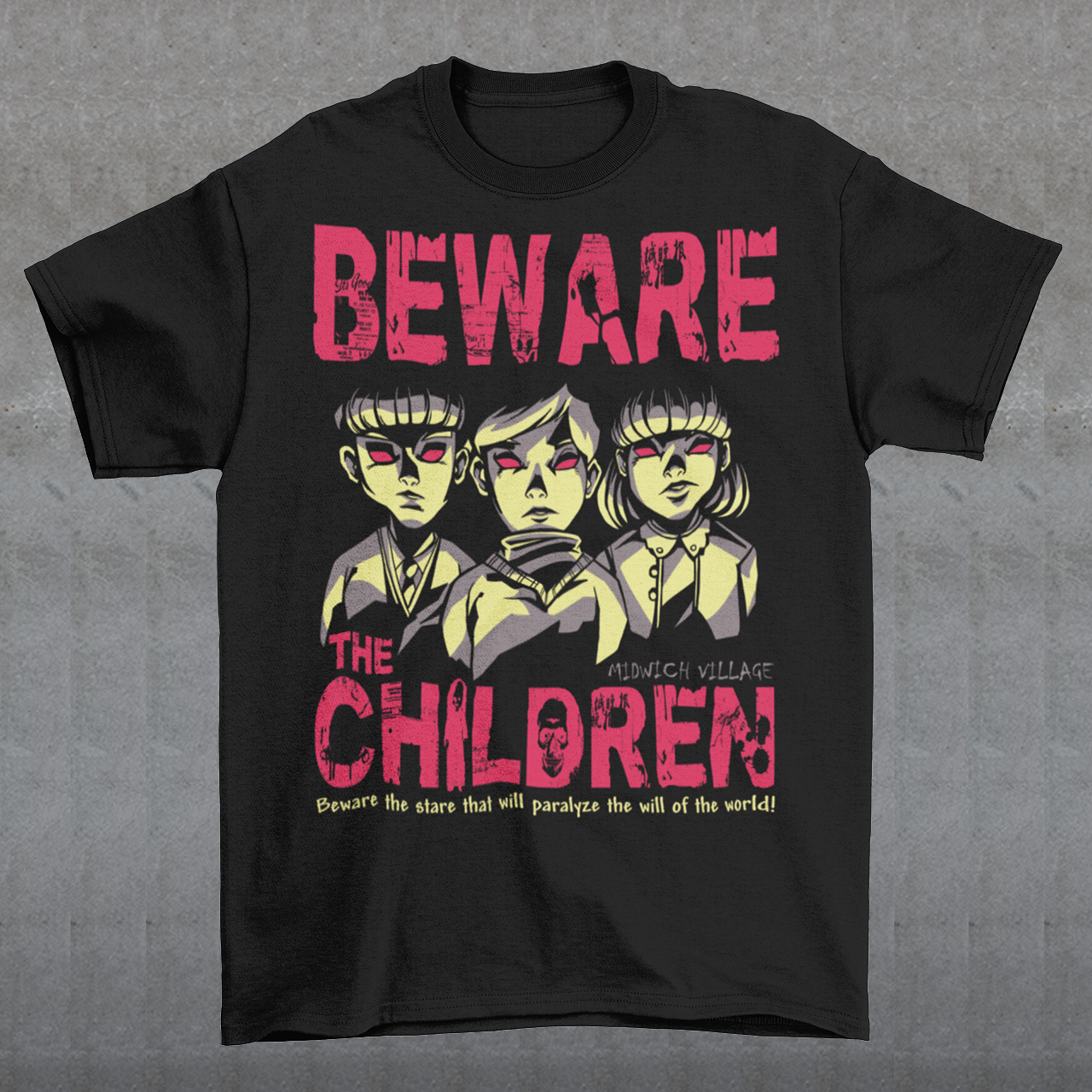 This striking t-shirt features a group of telepathic children inspired by The Midwich Cuckoos, standing together in eerie unison. Their glowing, otherworldly eyes create an unsettling effect, as if they are communicating without words, conveying their sinister abilities. Each child has a calm yet chilling expression, dressed in minimalist, vintage-style clothing that hints at their small-town origins.
