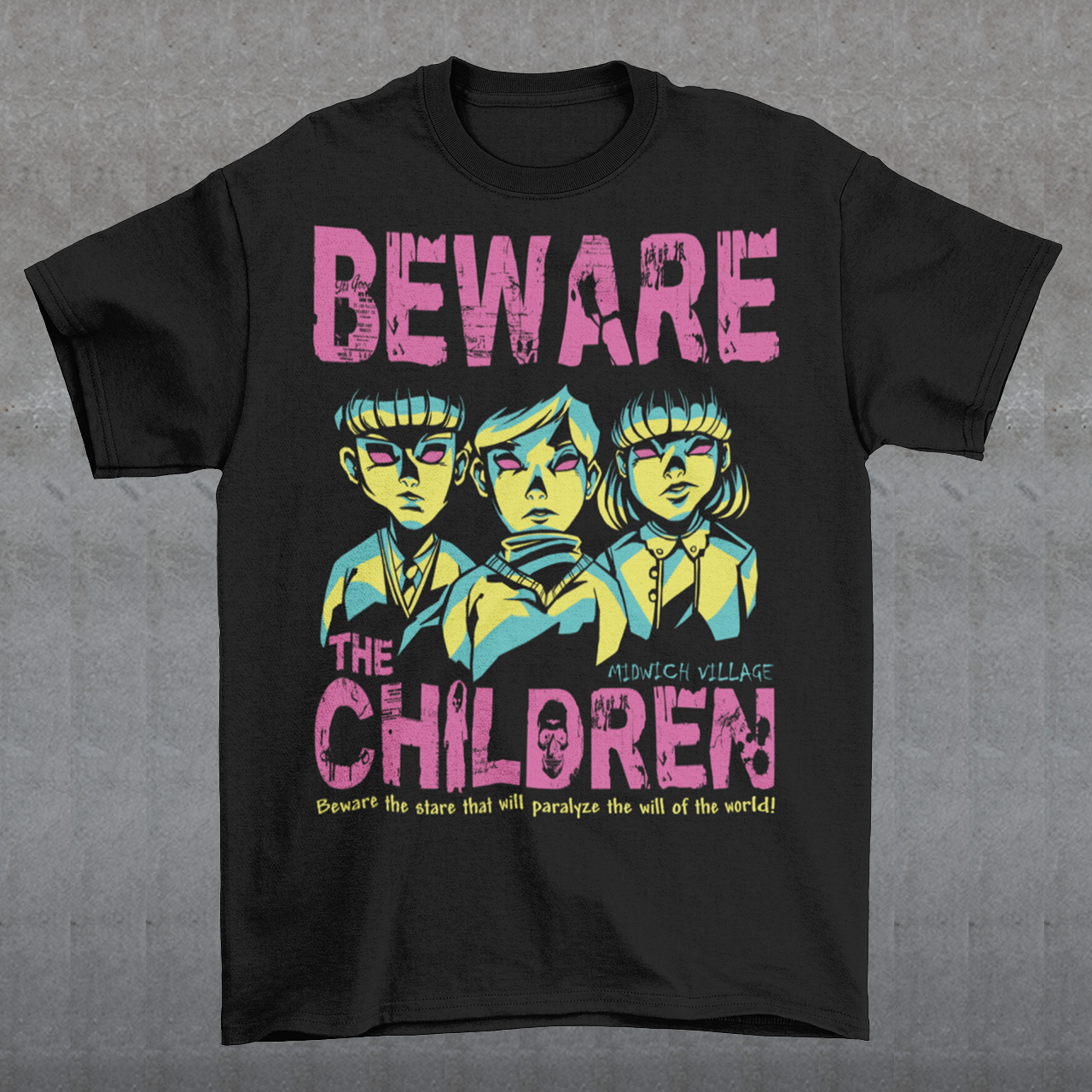 This striking t-shirt features a group of telepathic children inspired by The Midwich Cuckoos, standing together in eerie unison. Their glowing, otherworldly eyes create an unsettling effect, as if they are communicating without words, conveying their sinister abilities. Each child has a calm yet chilling expression, dressed in minimalist, vintage-style clothing that hints at their small-town origins.