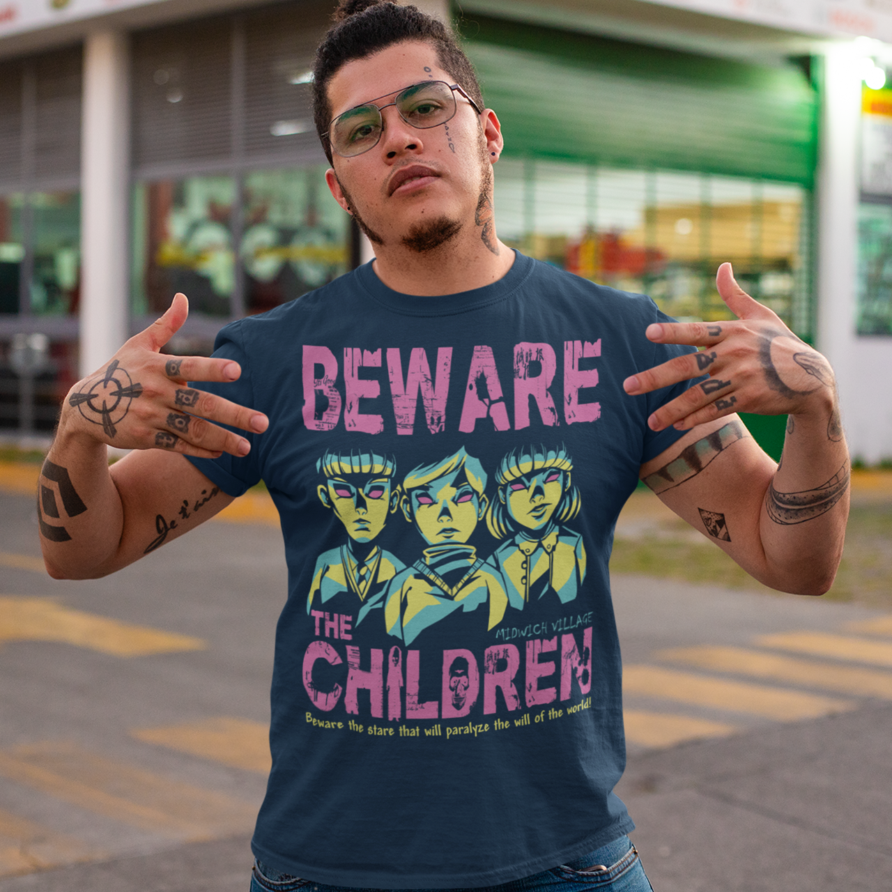 This striking t-shirt features a group of telepathic children inspired by The Midwich Cuckoos, standing together in eerie unison. Their glowing, otherworldly eyes create an unsettling effect, as if they are communicating without words, conveying their sinister abilities. Each child has a calm yet chilling expression, dressed in minimalist, vintage-style clothing that hints at their small-town origins.