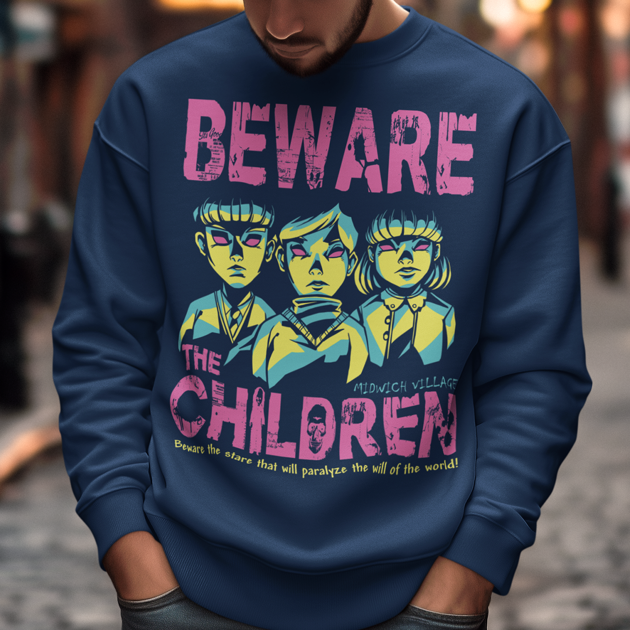 Navy sweatshirt of telepathic kids from the Midwich Cuckoos and text "BEWARE THE CHILDREN."