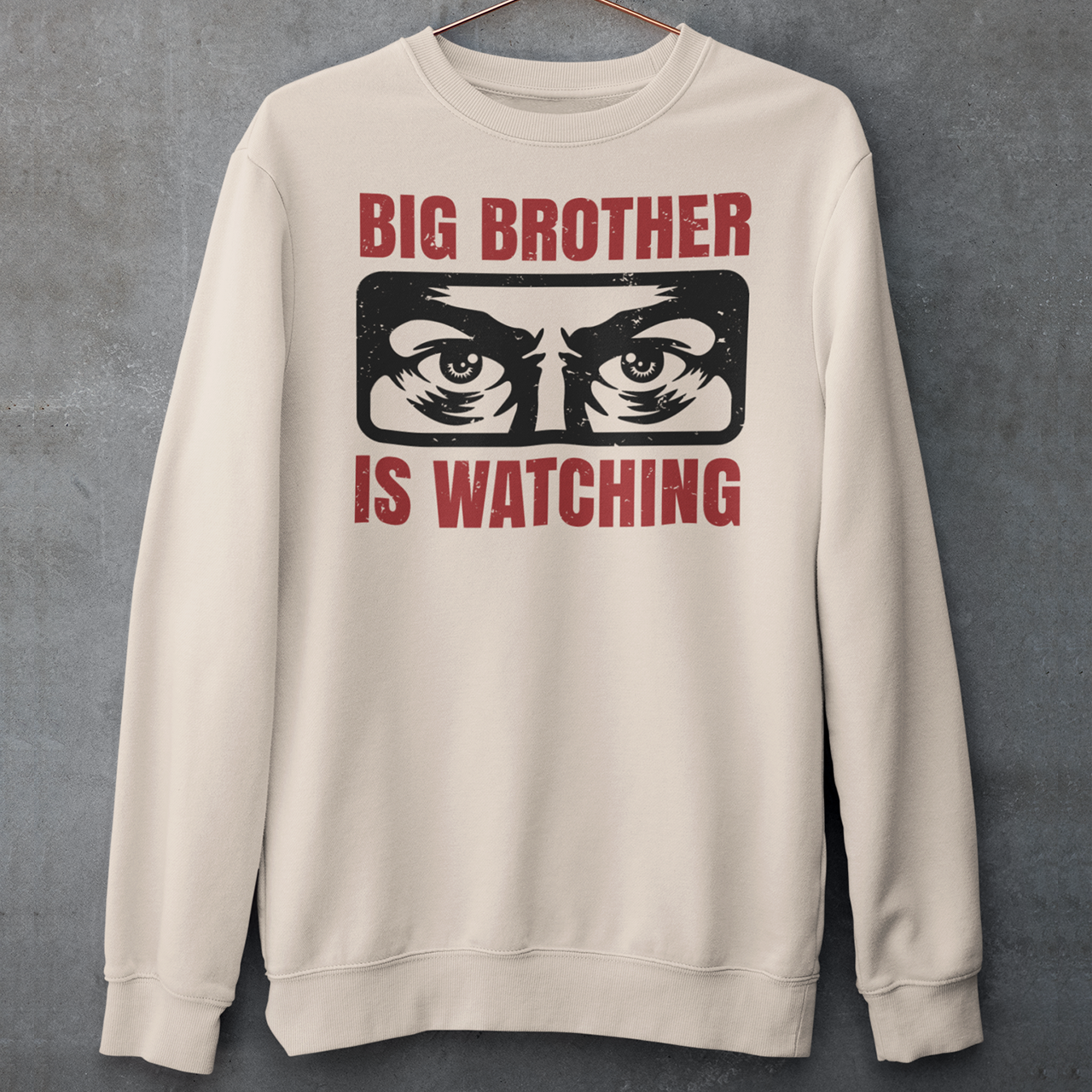 Introducing our captivating sweatshirt, featuring a mesmerizing design that will capture attention wherever you go. This unique sweatshirt showcases a pair of piercing eyes, seemingly observing your every move, accompanied by the thought-provoking text: "BIG BROTHER IS WATCHING YOU."