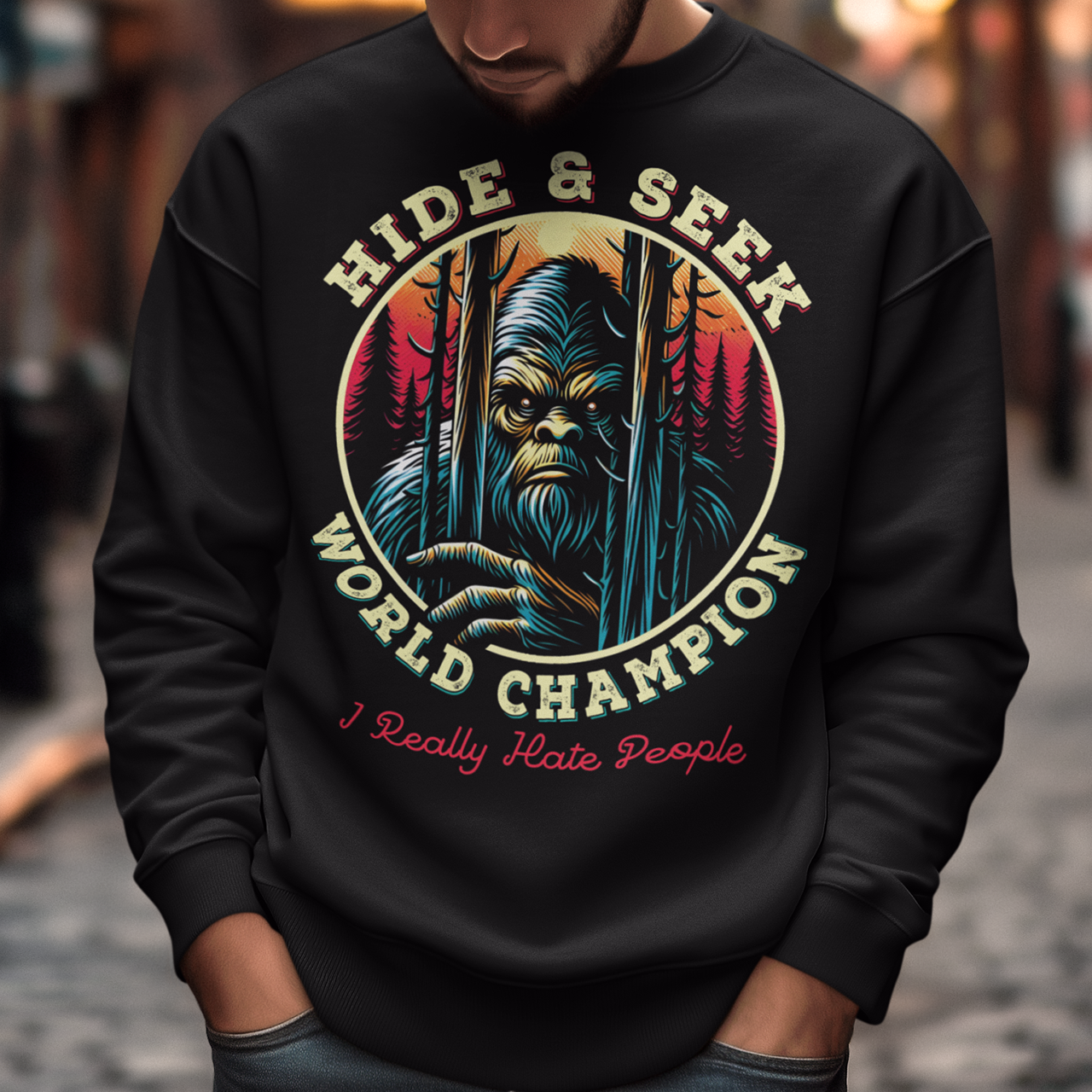 Unleash your playful side with our exclusive "Hide and Seek World Champion" Sweatshirt! This unique sweatshirt features an artistic rendition of Bigfoot peeking through a dense forest of towering trees. With a mischievous glint in his eyes, the legendary creature embodies the ultimate master of hide and seek. The bold, vintage-style text reads "HIDE and SEEK WORLD CHAMPION," celebrating Bigfoot's elusive charm.