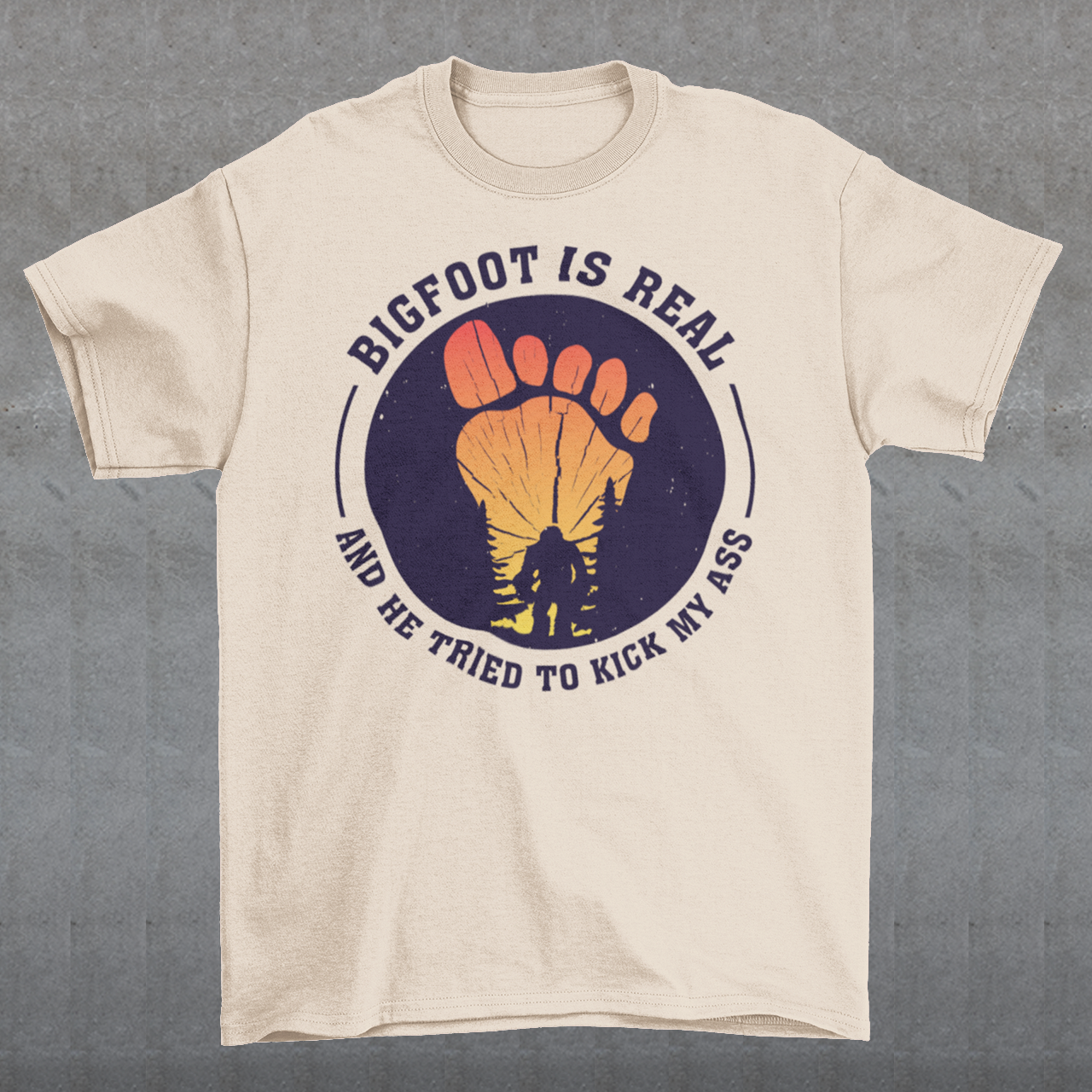 Step into the world of mysterious legends and untamed wilderness with our captivating t-shirt design featuring the legendary creature himself: Bigfoot. Against a breathtaking sunset backdrop, this design encapsulates the thrilling encounter between man and myth. At the center of the design, a striking depiction of Bigfoot takes the spotlight, his towering figure emerging from the dense forest the creature's shaggy fur and muscular frame evoke an air of primal strength and enigma.