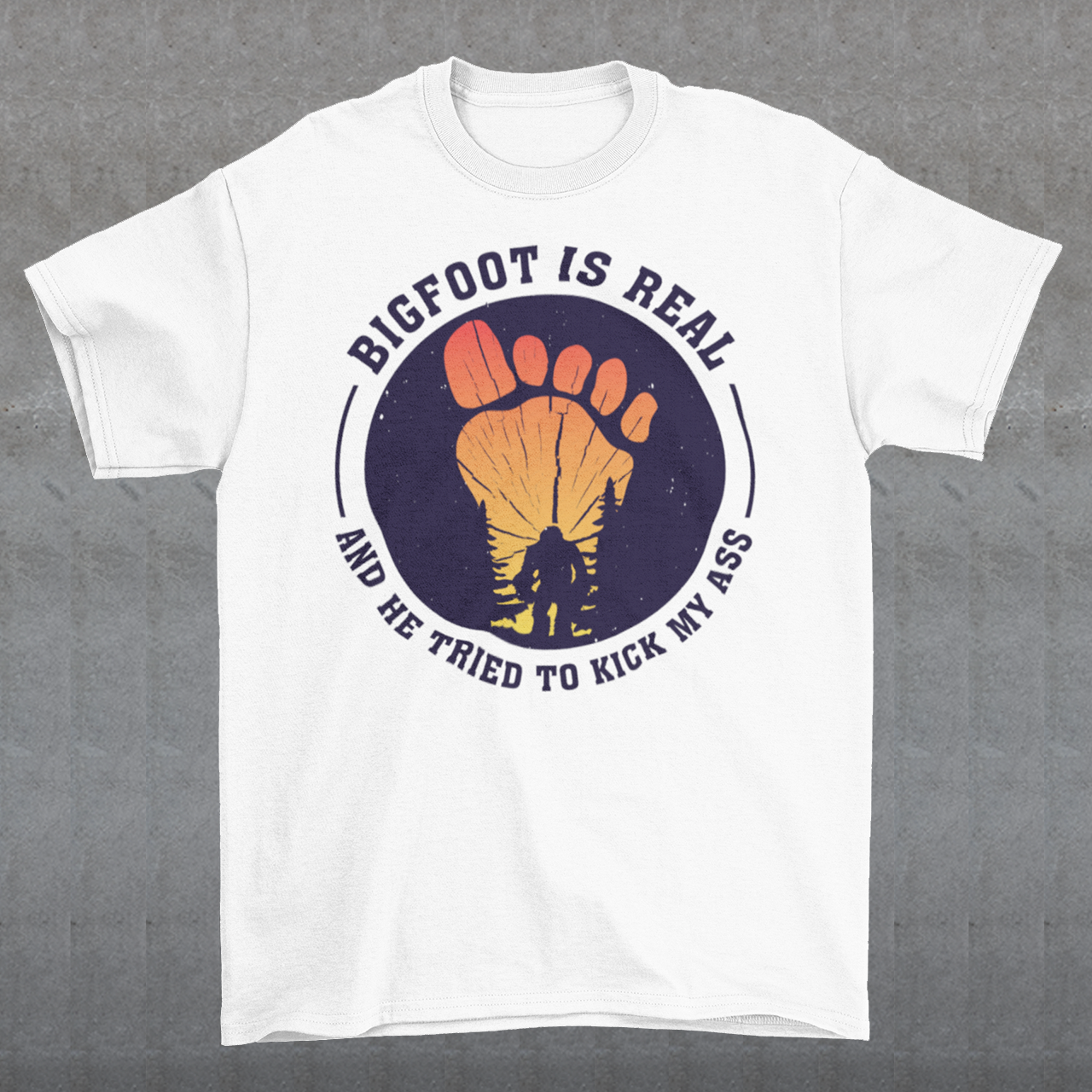 Step into the world of mysterious legends and untamed wilderness with our captivating t-shirt design featuring the legendary creature himself: Bigfoot. Against a breathtaking sunset backdrop, this design encapsulates the thrilling encounter between man and myth. At the center of the design, a striking depiction of Bigfoot takes the spotlight, his towering figure emerging from the dense forest the creature's shaggy fur and muscular frame evoke an air of primal strength and enigma.
