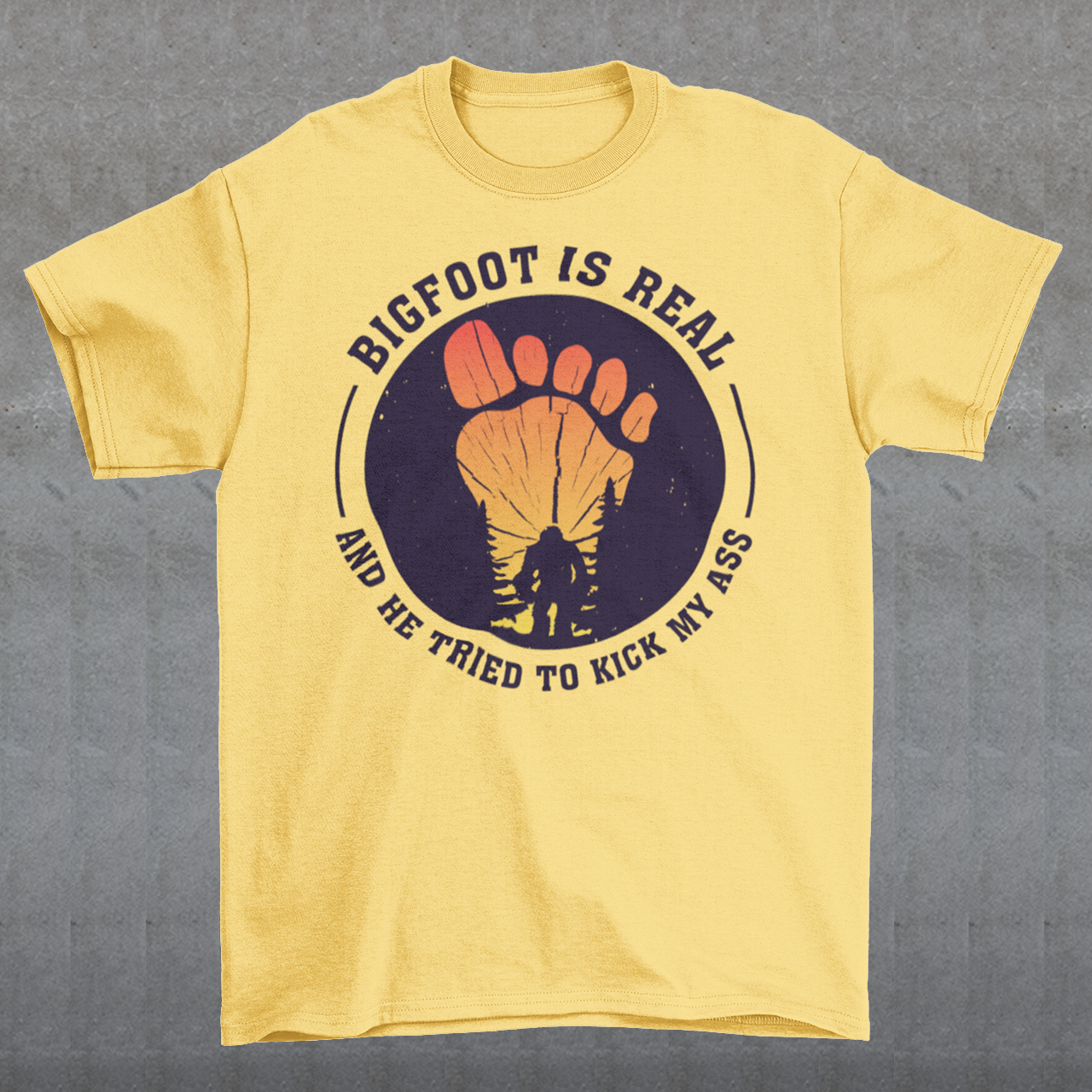 Step into the world of mysterious legends and untamed wilderness with our captivating t-shirt design featuring the legendary creature himself: Bigfoot. Against a breathtaking sunset backdrop, this design encapsulates the thrilling encounter between man and myth. At the center of the design, a striking depiction of Bigfoot takes the spotlight, his towering figure emerging from the dense forest the creature's shaggy fur and muscular frame evoke an air of primal strength and enigma.