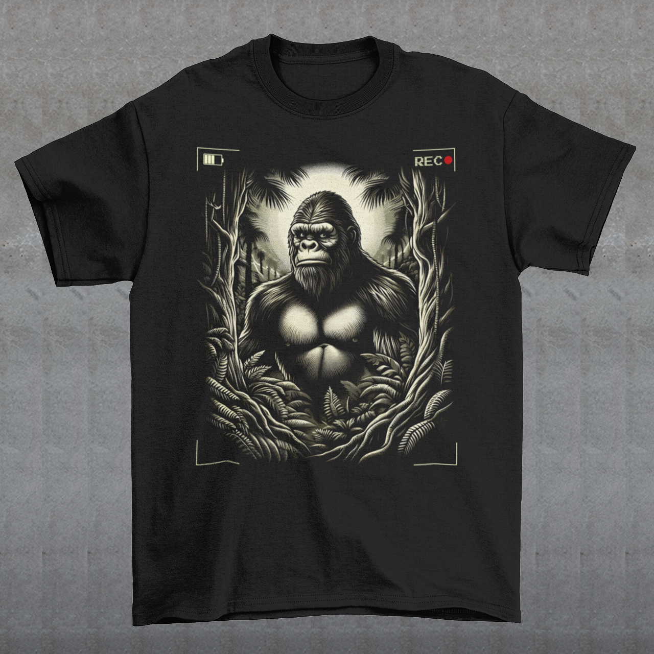 This t-shirt features a captivating and mysterious scene: Bigfoot, the legendary creature of folklore, is depicted peeking through dense, shadowy trees. The design captures the thrill of a rare sighting with intricate details, from the leaves rustling in the breeze to Bigfoot's curious expression.