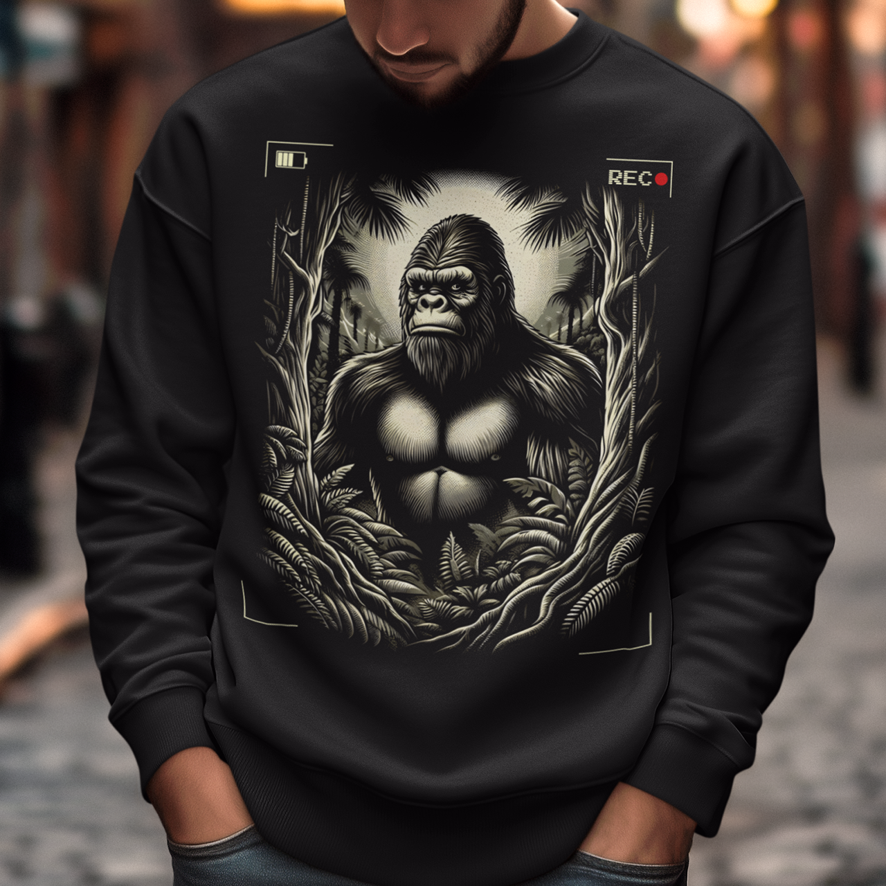 This sweatshirt features a captivating and mysterious scene: Bigfoot, the legendary creature of folklore, is depicted peeking through dense, shadowy trees. The design captures the thrill of a rare sighting with intricate details, from the leaves rustling in the breeze to Bigfoot's curious expression.
