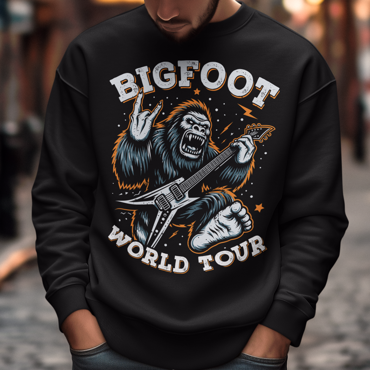 Introducing the ultimate sweatshirt for cryptid enthusiasts and music lovers alike! This vibrant design features the legendary Bigfoot, rocking out on an electric guitar with unparalleled style and energy. Bigfoot, depicted in dynamic detail, stands mid-riff, his shaggy fur flying as he strums the guitar with electrifying intensity. Around this striking image, bold text proudly declares "BIGFOOT WORLD TOUR."