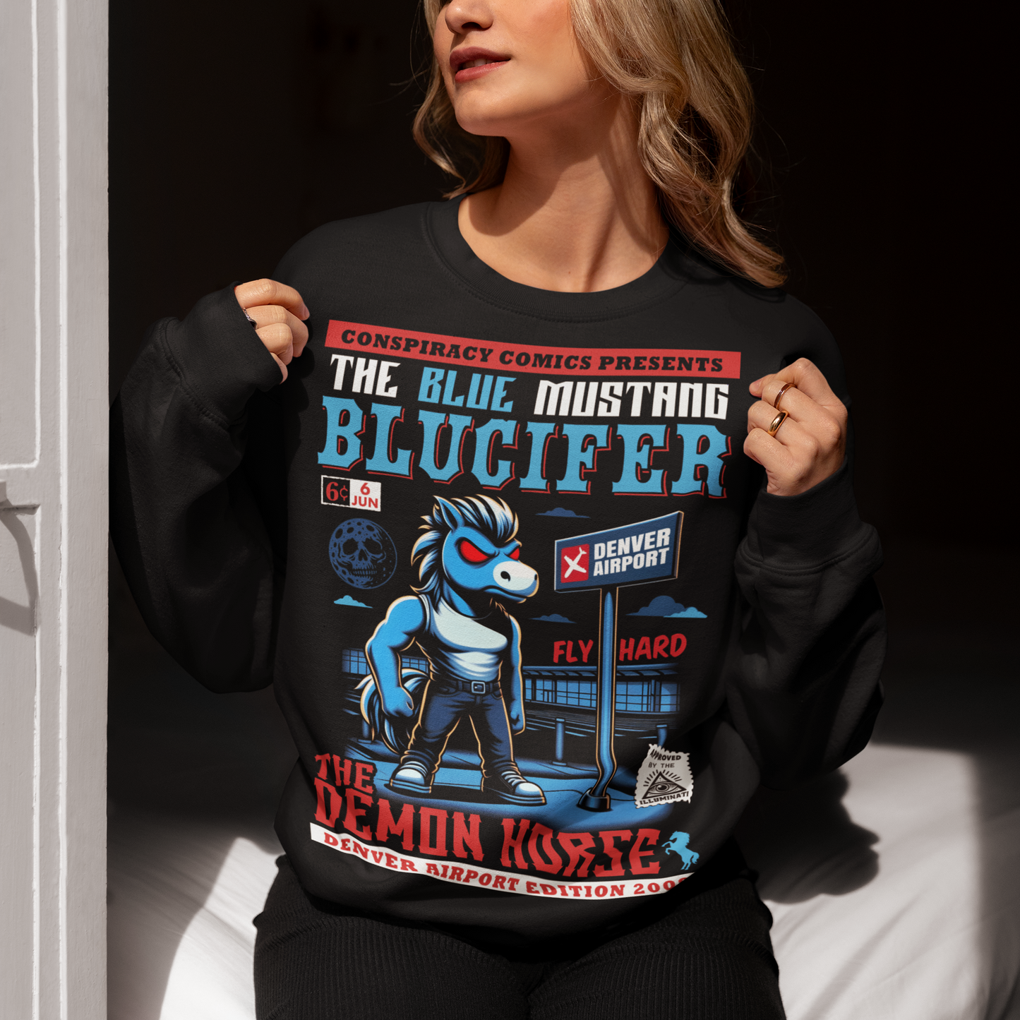 Black sweatshirt of a comic book design of Blucifer the blue mustang.