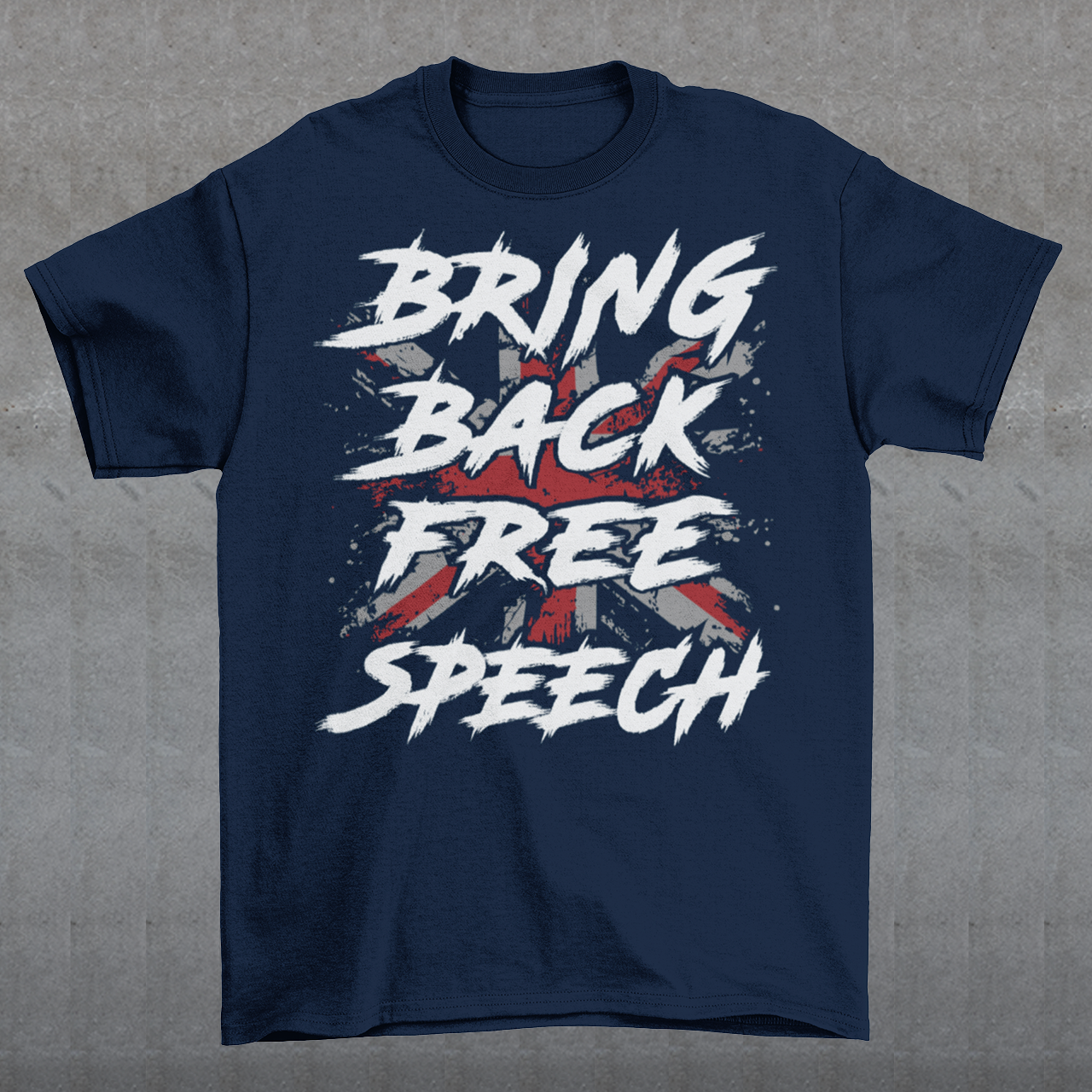 Make a bold statement with our "BRING BACK FREE SPEECH" t-shirt, featuring the iconic British flag as a backdrop to a powerful message. This design fuses patriotism with a call to action, standing up for one of the most fundamental democratic rights — freedom of expression.