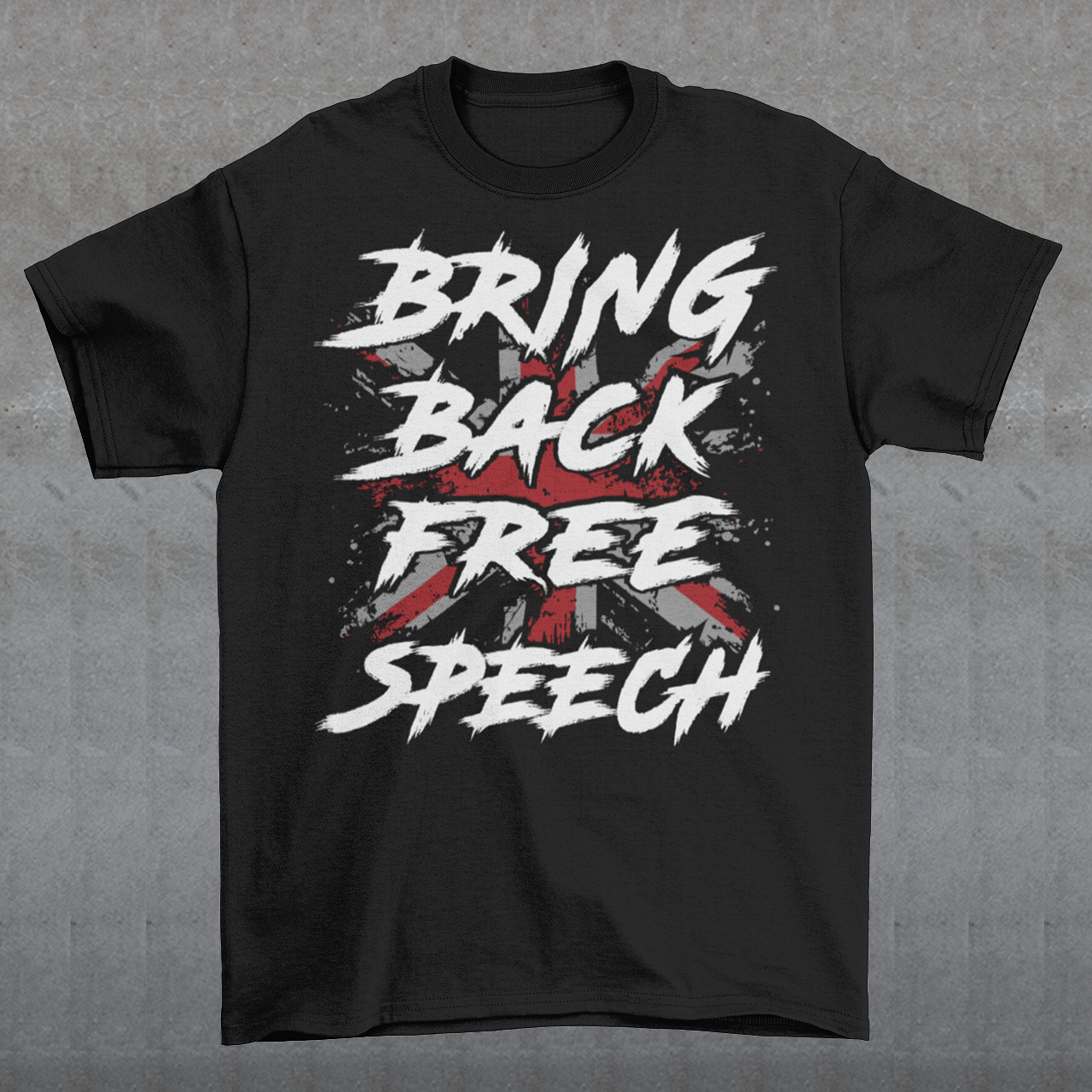 Make a bold statement with our "BRING BACK FREE SPEECH" t-shirt, featuring the iconic British flag as a backdrop to a powerful message. This design fuses patriotism with a call to action, standing up for one of the most fundamental democratic rights — freedom of expression.