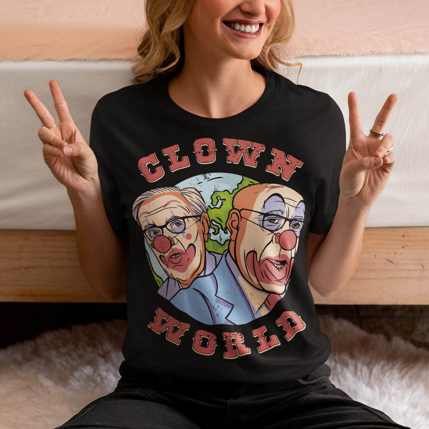 This bold and colorful t-shirt features a playful design that captures the absurdity and chaos of our modern times. With a cast of wacky characters, including clowns, jesters, and other oddball creatures, this shirt is perfect for anyone who loves a good laugh or wants to show their disdain for the status quo.