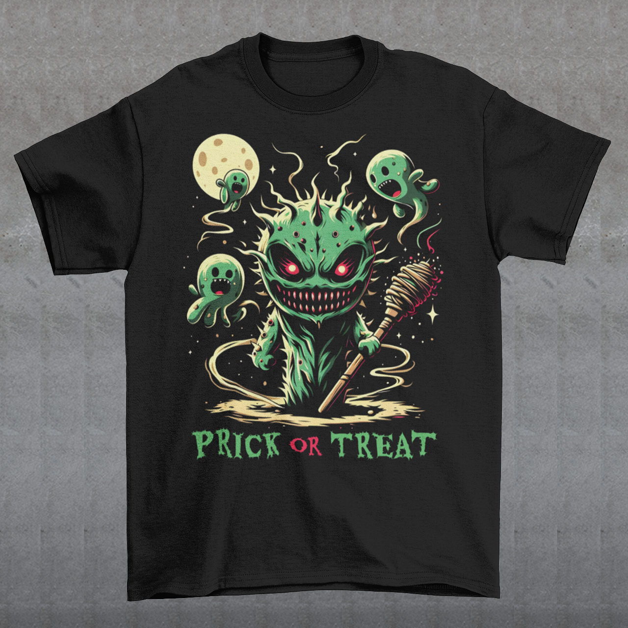 This Halloween t-shirt features a spooky yet playful design of a towering, eerie cactus with sharp, menacing spikes. Surrounding the cactus are ghostly cacti spirits, floating with hollow eyes and wispy arms, giving off an ethereal glow. Their haunting presence contrasts with the cactus's sharp and rigid form, creating a unique desert-themed fright.