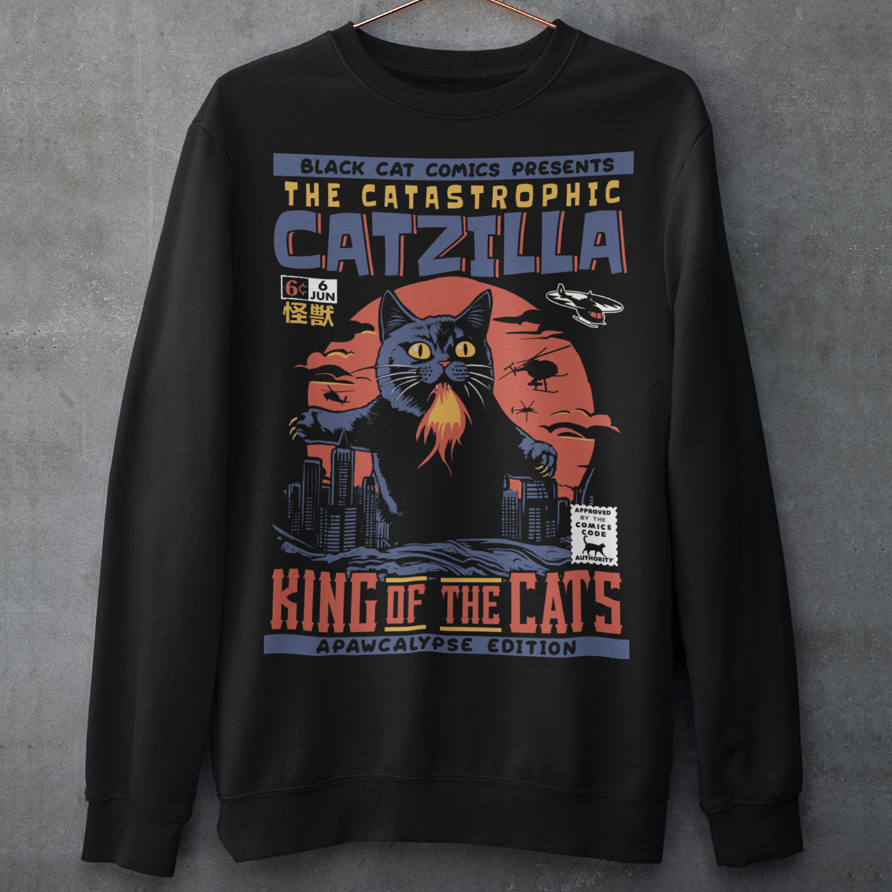 Unleash your inner kaiju fan with our epic CATZILLA sweatshirt! This bold comic book-inspired design features a towering feline behemoth, "Catzilla," reigning supreme over a chaotic cityscape. With glowing yellow eyes, razor-sharp claws, and breathing fire, Catzilla looms above crumbling skyscrapers swiping at helicopters. The background is a vibrant explosion of yellows and oranges, showcasing a fiery skyline that screams action and adventure.