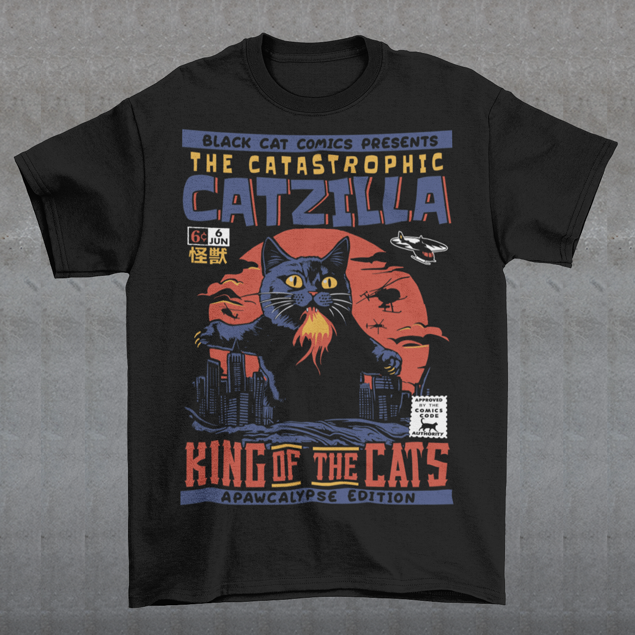 Unleash your inner kaiju fan with our epic CATZILLA t-shirt! This bold comic book-inspired design features a towering feline behemoth, "Catzilla," reigning supreme over a chaotic cityscape. With glowing yellow eyes, razor-sharp claws, and breathing fire, Catzilla looms above crumbling skyscrapers swiping at helicopters. The background is a vibrant explosion of yellows and oranges, showcasing a fiery skyline that screams action and adventure.