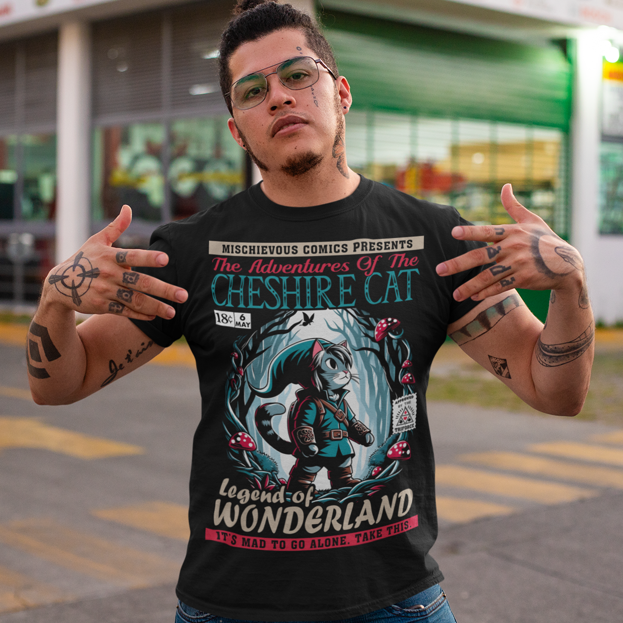 Step into a whimsical world with this Cheshire Cat Adventure t-shirt! This eye-catching design features the mischievous Cheshire Cat weaving through an enchanted Wonderland forest in glowing moonlight. Surrounded by twisting trees and mushrooms, the scene captures the magic and mystery of Wonderland. With vivid colors and intricate details, this shirt is perfect for dreamers, adventurers, and fans of the curious and the mad. Wear it and let the Cheshire Cat guide you on a Wonderland journey!