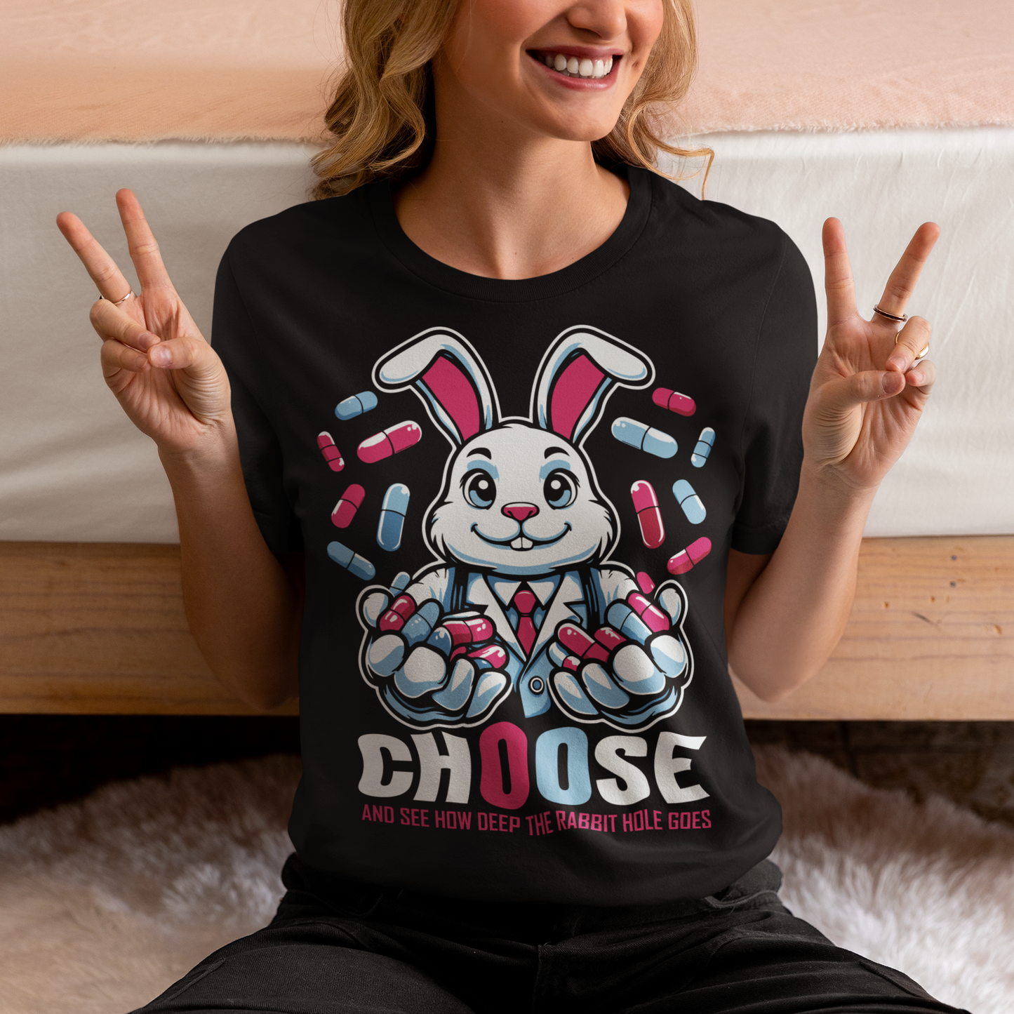 Embrace the enigmatic allure of the unknown with our captivating t-shirt design featuring a white rabbit holding contrasting blue and red pills. This imagery beckons you to ponder the choices that define your journey. Beneath the striking illustration, bold text reads: "CHOOSE AND SEE HOW DEEP THE RABBIT HOLE GOES," inviting wearers to contemplate the consequences of their decisions and embark on a quest for truth, discovery, and self-awareness.