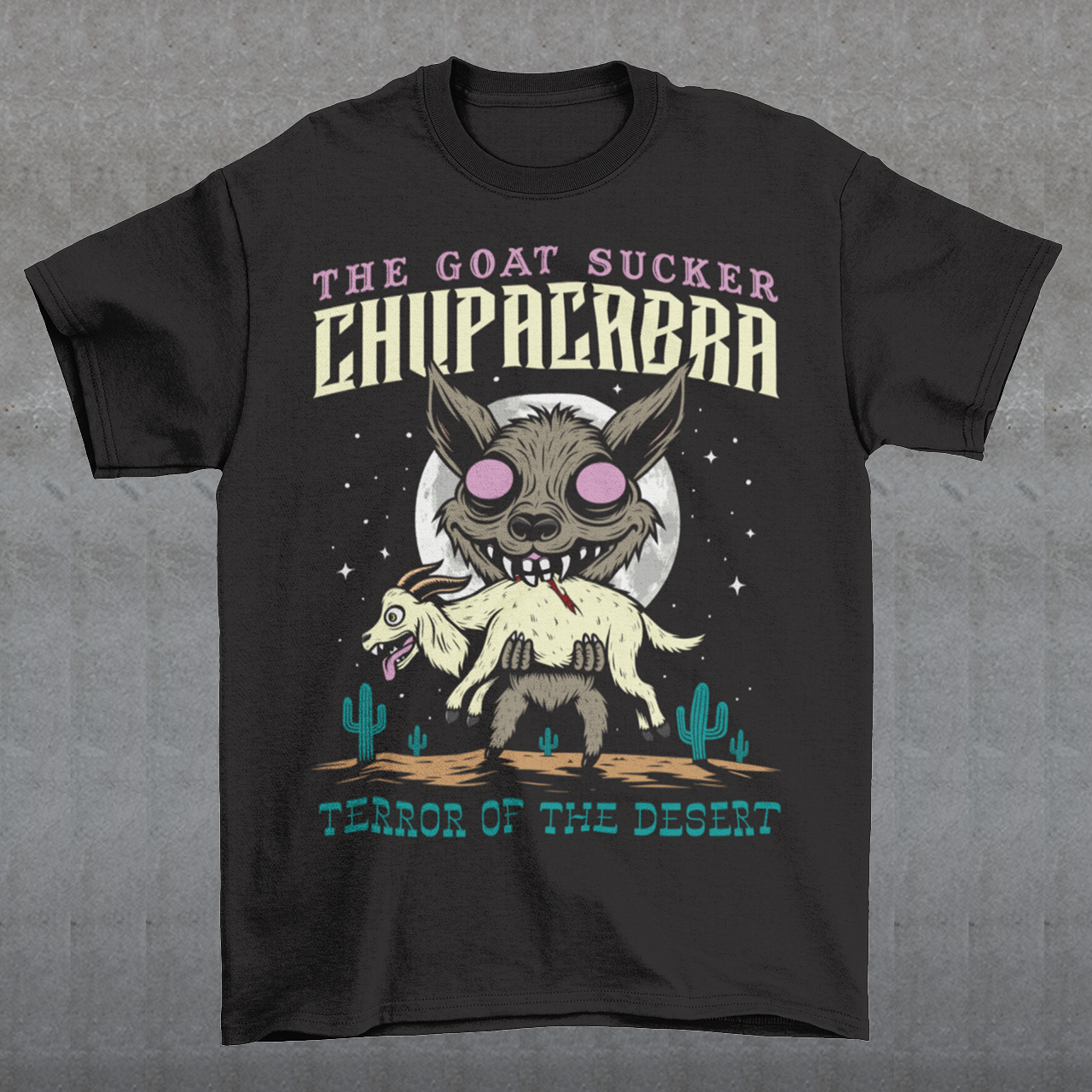Introducing the ultimate homage to folklore and mystery – "The Goat Sucker Chupacabra" T-shirt! Step into the realm of the unknown with this captivating design depicting the infamous chupacabra in action. Against the backdrop of a barren desert, the chupacabra is depicted in all its eerie glory, locked in its iconic pose of sucking the life force from a hapless goat. Above the striking imagery, bold text proudly proclaims "THE GOAT SUCKER CHUPACABRA" ensuring that the wearer embodies the legend.