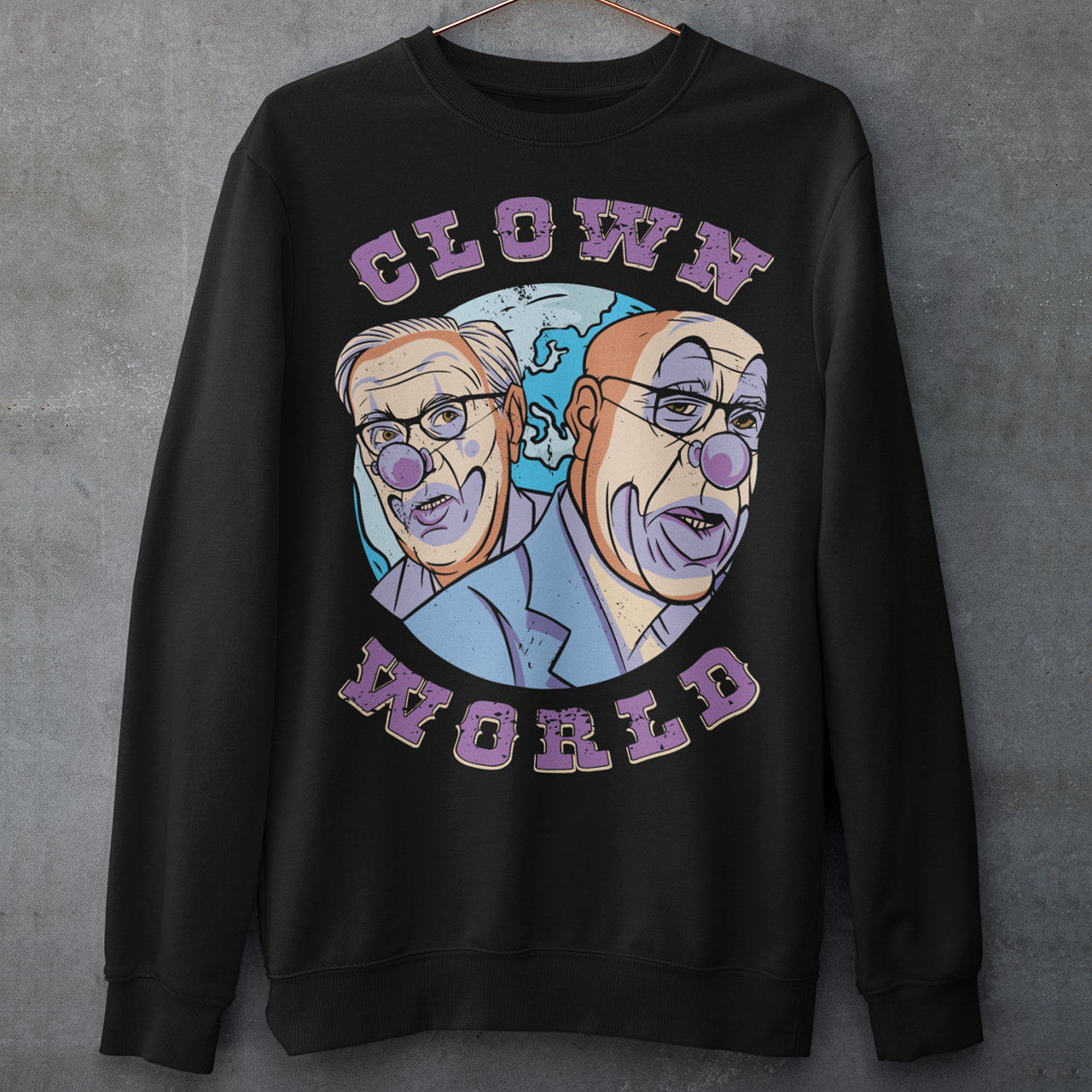 This bold and colorful sweatshirt features a playful design that captures the absurdity and chaos of our modern times. With a cast of wacky characters, including clowns, jesters, and other oddball creatures, this shirt is perfect for anyone who loves a good laugh or wants to show their disdain for the status quo.