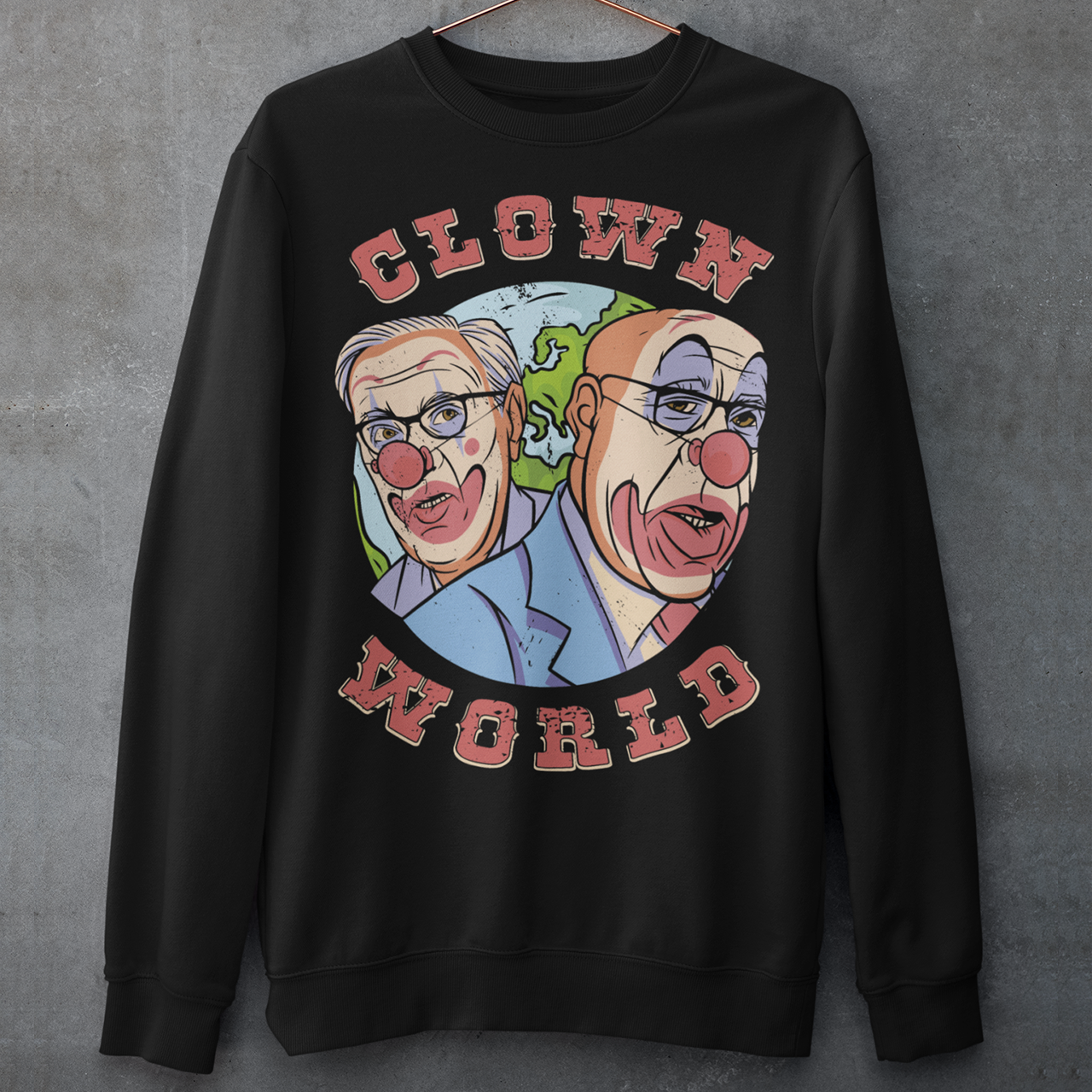 This bold and colorful sweatshirt features a playful design that captures the absurdity and chaos of our modern times. With a cast of wacky characters, including clowns, jesters, and other oddball creatures, this shirt is perfect for anyone who loves a good laugh or wants to show their disdain for the status quo.