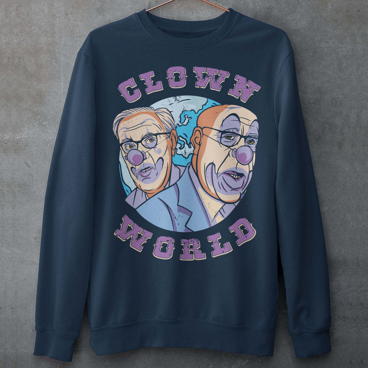 This bold and colorful sweatshirt features a playful design that captures the absurdity and chaos of our modern times. With a cast of wacky characters, including clowns, jesters, and other oddball creatures, this shirt is perfect for anyone who loves a good laugh or wants to show their disdain for the status quo.