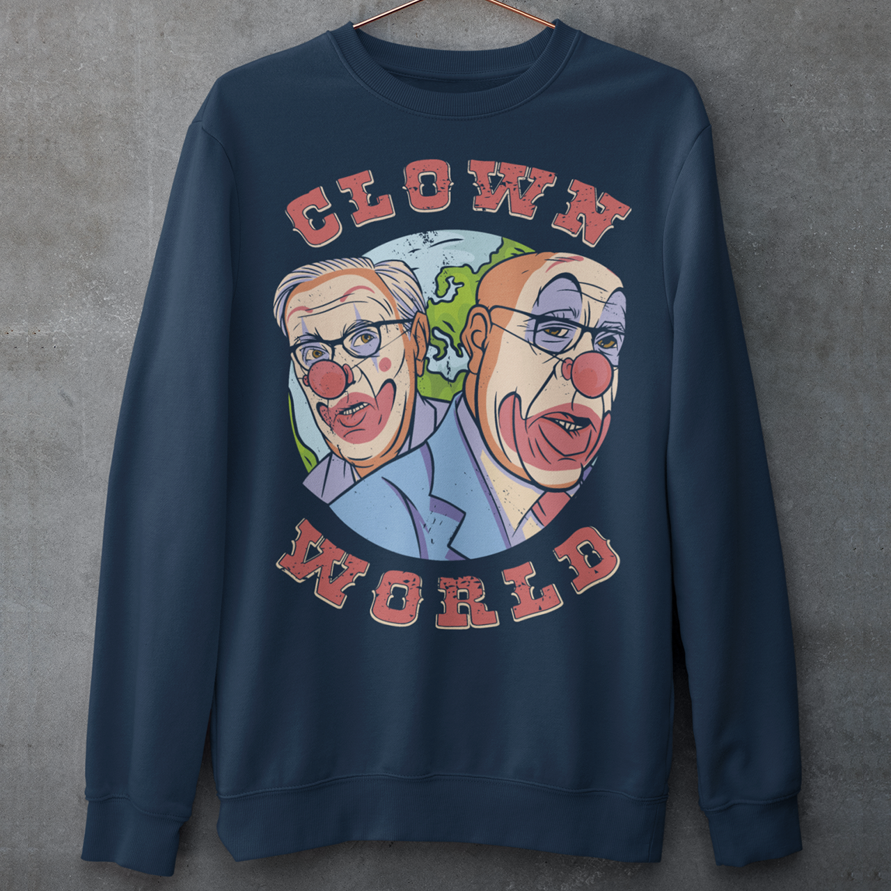 This bold and colorful sweatshirt features a playful design that captures the absurdity and chaos of our modern times. With a cast of wacky characters, including clowns, jesters, and other oddball creatures, this shirt is perfect for anyone who loves a good laugh or wants to show their disdain for the status quo.