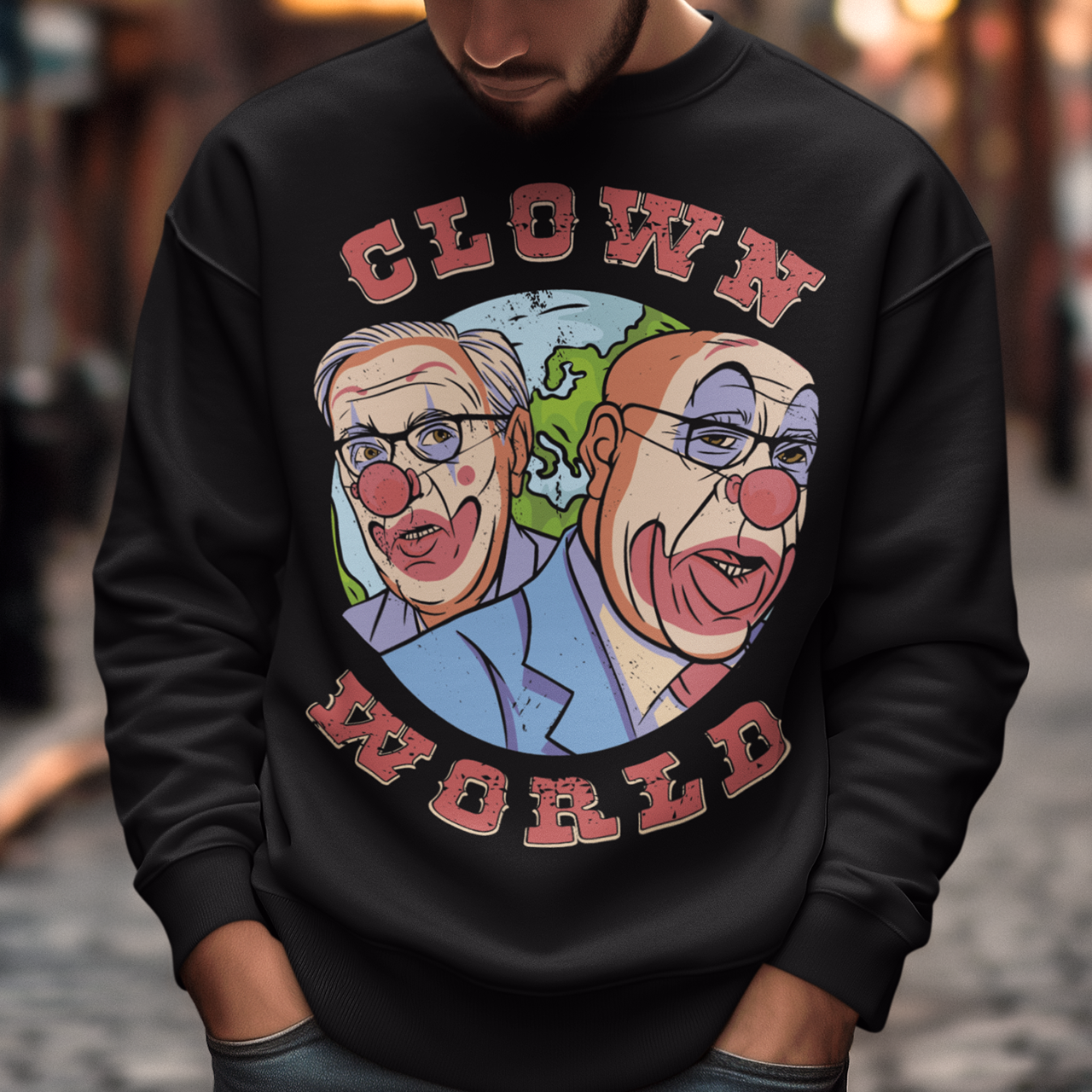 This bold and colorful sweatshirt features a playful design that captures the absurdity and chaos of our modern times. With a cast of wacky characters, including clowns, jesters, and other oddball creatures, this shirt is perfect for anyone who loves a good laugh or wants to show their disdain for the status quo.
