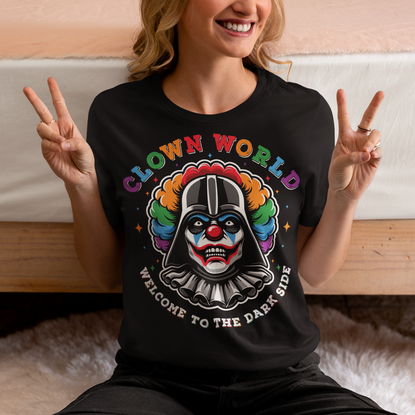 Embrace the whimsical chaos of life with our Clown World t-shirt! Featuring a vibrant and playful illustration of a clown, this shirt captures the essence of fun, laughter, and a touch of absurdity. You are invited to join the festivities of the unpredictable journey we call life. Above the image states CLOWN WORLD. Beneath the cheerful image, bold text proudly declares "WELCOME TO THE DARK SIDE," embracing the unpredictable and surreal nature of our existence.