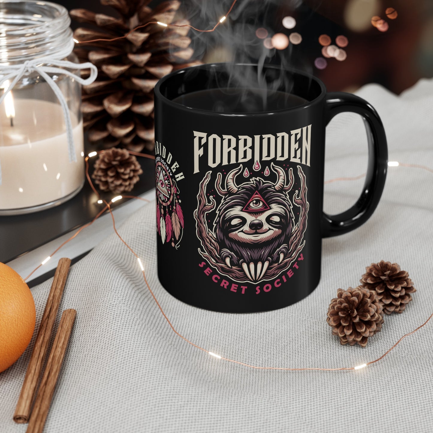 Black mug of an Illuminati sloth with a third eye with text FORBIDDEN SECRET SOCIETY.