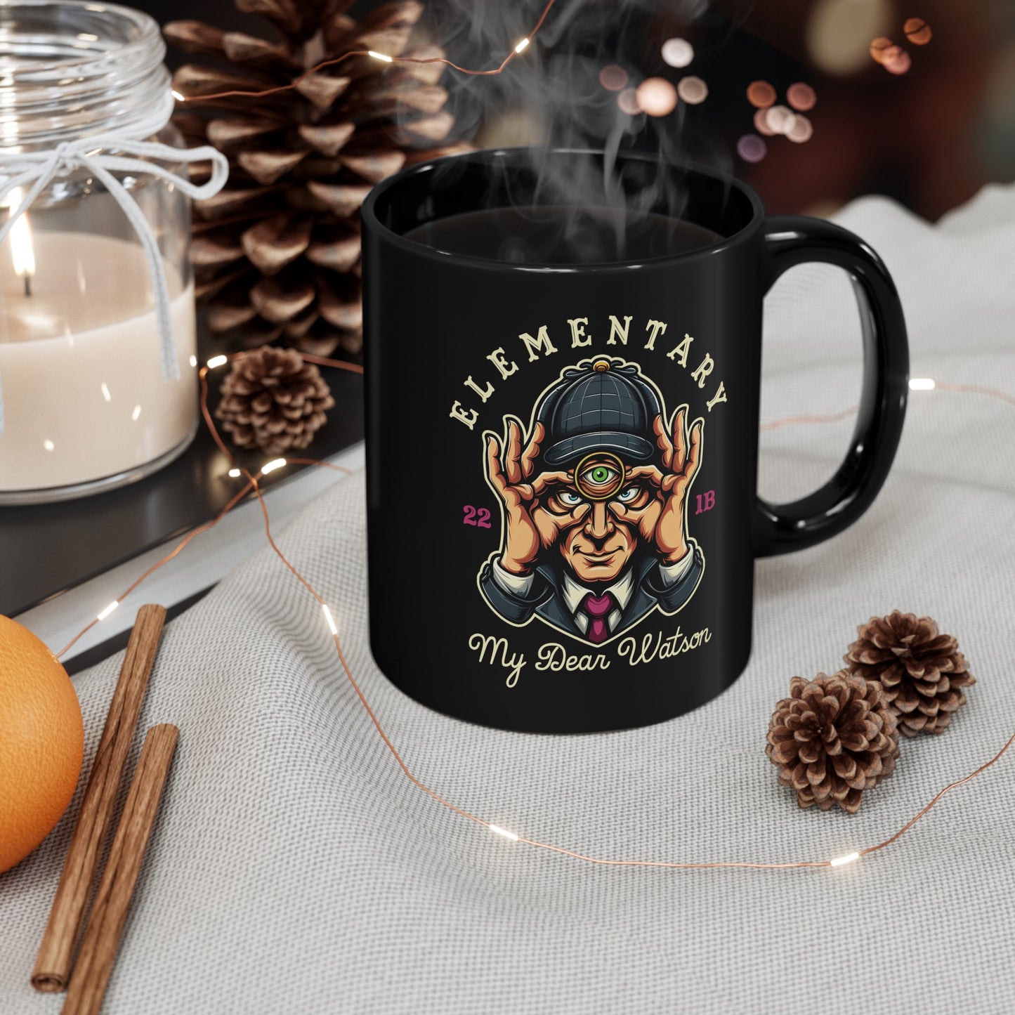 Black mug of Sherlock Holmes with a third eye and text ELEMENTARY MY DEAR WATSON.