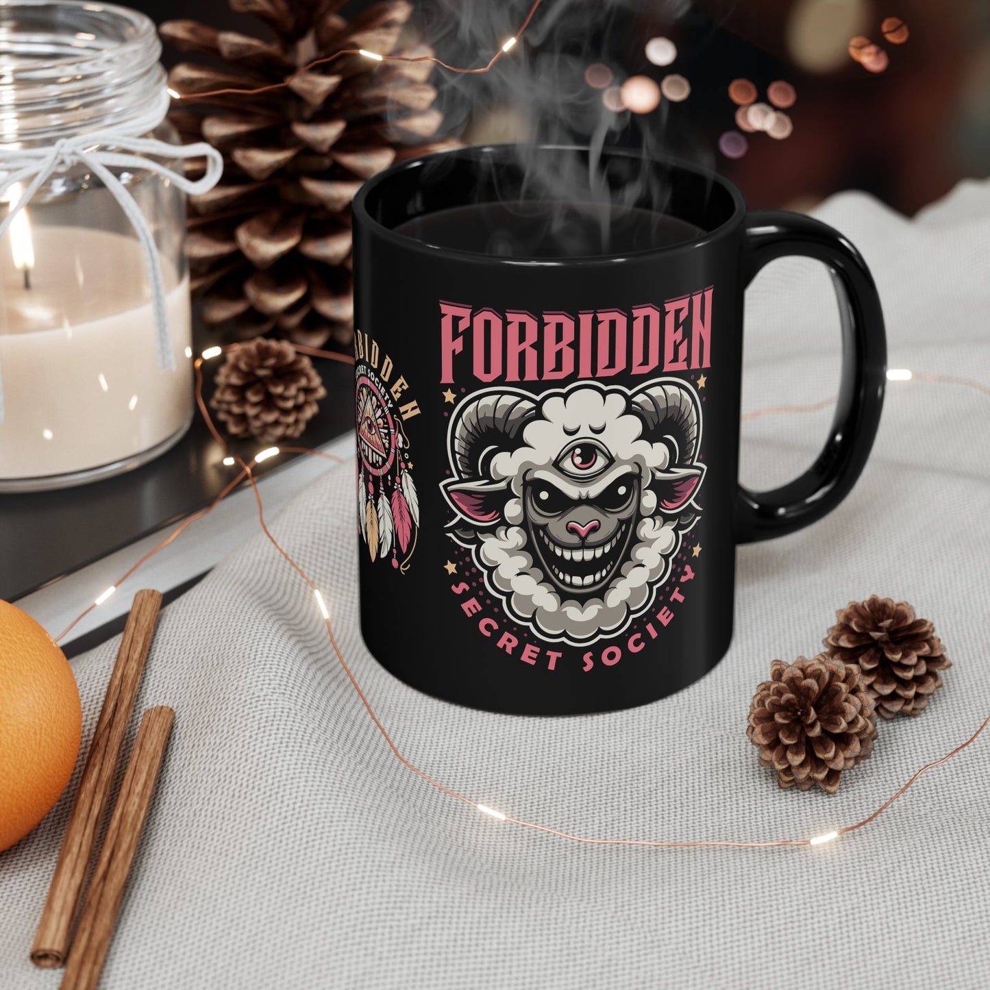 Black mug of an Illuminati sheep with a third eye with text FORBIDDEN SECRET SOCIETY.