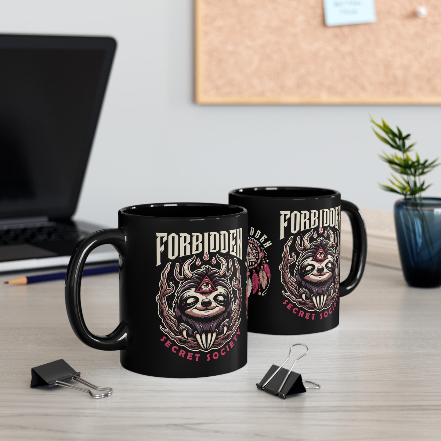 Black mug of an Illuminati sloth with a third eye with text FORBIDDEN SECRET SOCIETY.