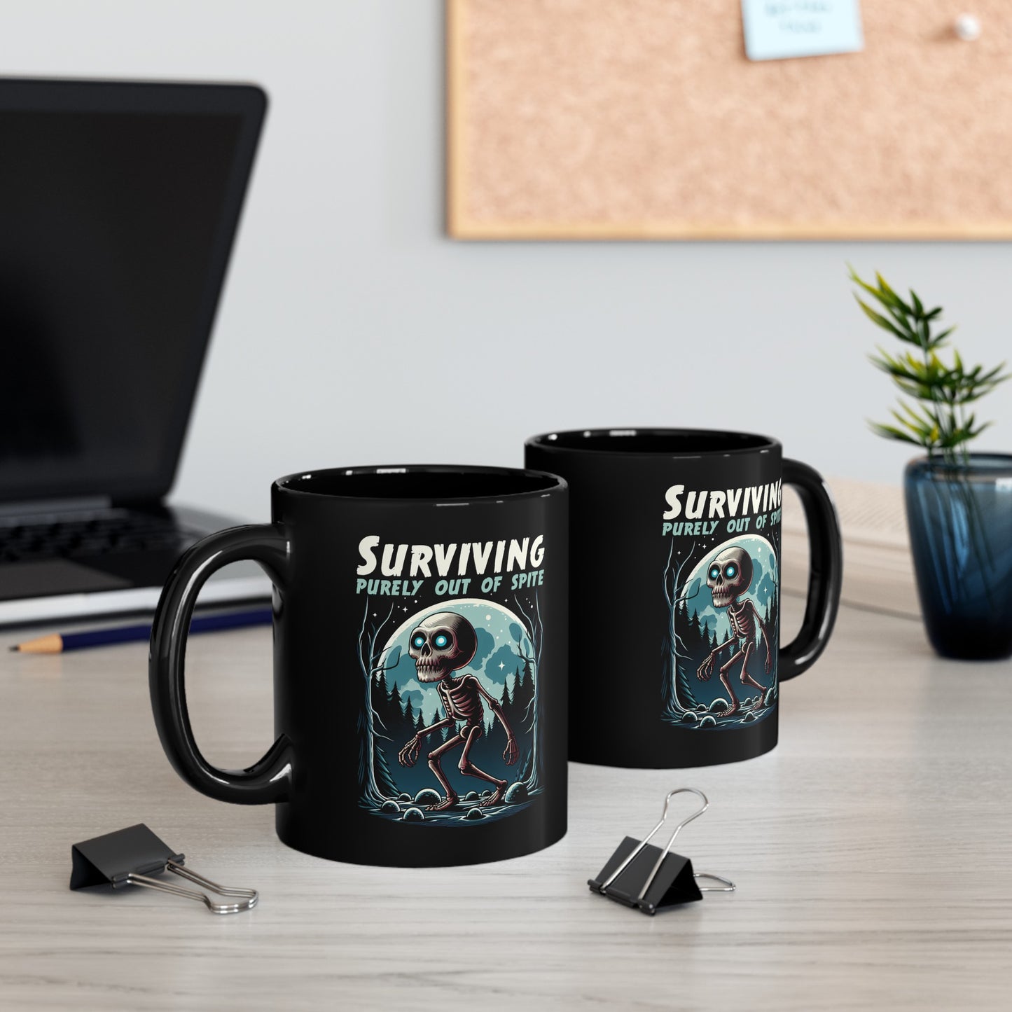 Black mug of a skeleton skinwalker in a dark forest with text above SURVIVING PURELY OUT OF SPITE.