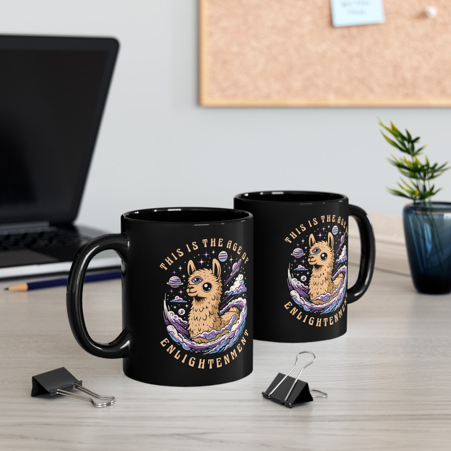 Black mug of a Llama with a third eye in space with text THIS IS THE AGE OF ENLIGHTENMENT.