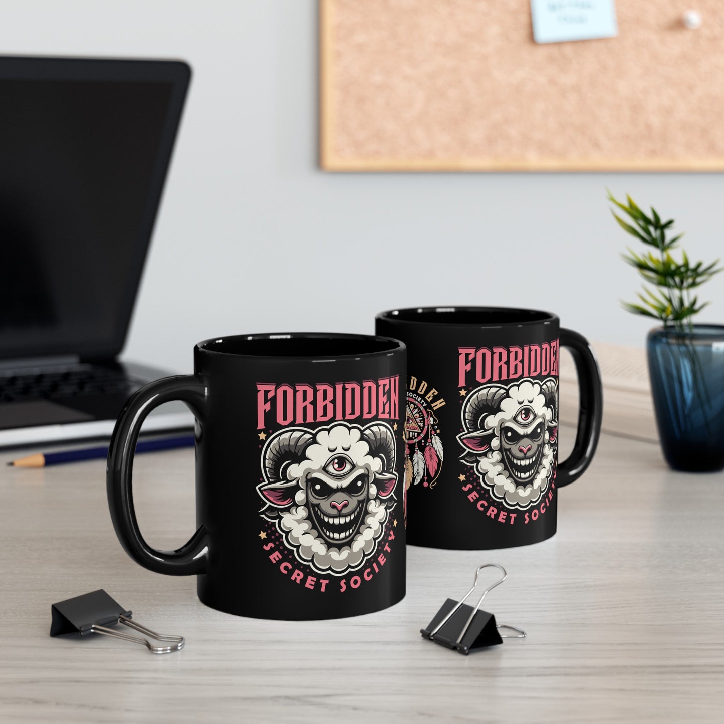 Black mug of an Illuminati sheep with a third eye with text FORBIDDEN SECRET SOCIETY.