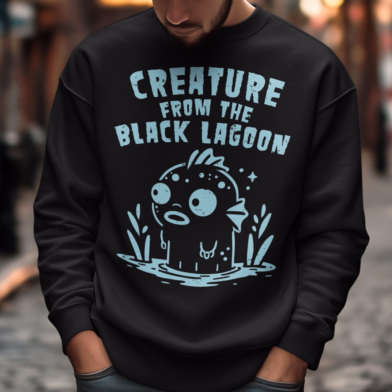 Make a splash with this fun twist on a horror classic! This sweatshirt features a playful cartoon version of the Gill-man, the iconic monster from Creature from the Black Lagoon. Above the illustration, bold retro lettering reads “CREATURE FROM THE BLACK LAGOON”, giving the design an authentic vintage movie-poster vibe. Perfect for monster movie fans, collectors of cult classics, or anyone who loves quirky, eye-catching style.
