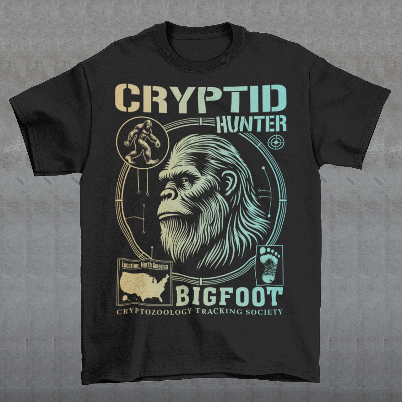 Illustration of a cryptozoology-themed t-shirt featuring a stylized image of Bigfoot's head, shown with shaggy fur, deep-set eyes, and a mysterious expression. The artwork has a bold, rugged design in earthy tones, emphasizing the mythical nature of the creature. Above the image, the words "CRYPTID HUNTER" are prominently displayed in large, distressed lettering, suggesting adventure and mystery. The design appeals to fans of folklore, legends, and unexplained phenomena.