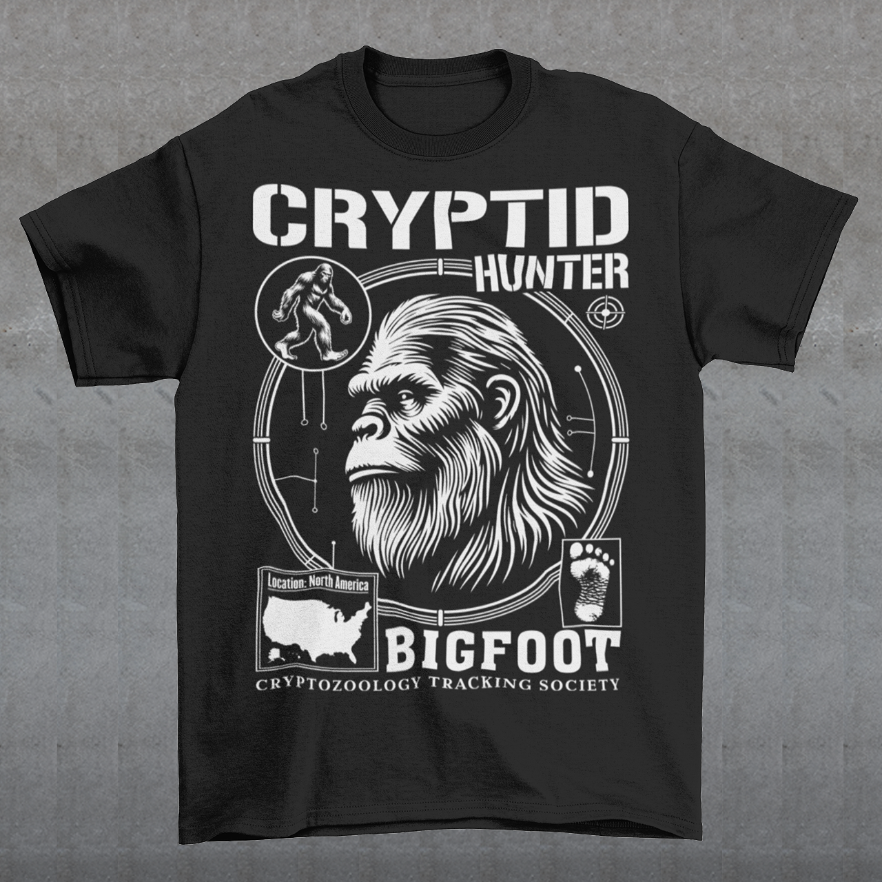 Illustration of a cryptozoology-themed t-shirt featuring a stylized image of Bigfoot's head, shown with shaggy fur, deep-set eyes, and a mysterious expression. The artwork has a bold, rugged design in earthy tones, emphasizing the mythical nature of the creature. Above the image, the words "CRYPTID HUNTER" are prominently displayed in large, distressed lettering, suggesting adventure and mystery. The design appeals to fans of folklore, legends, and unexplained phenomena.