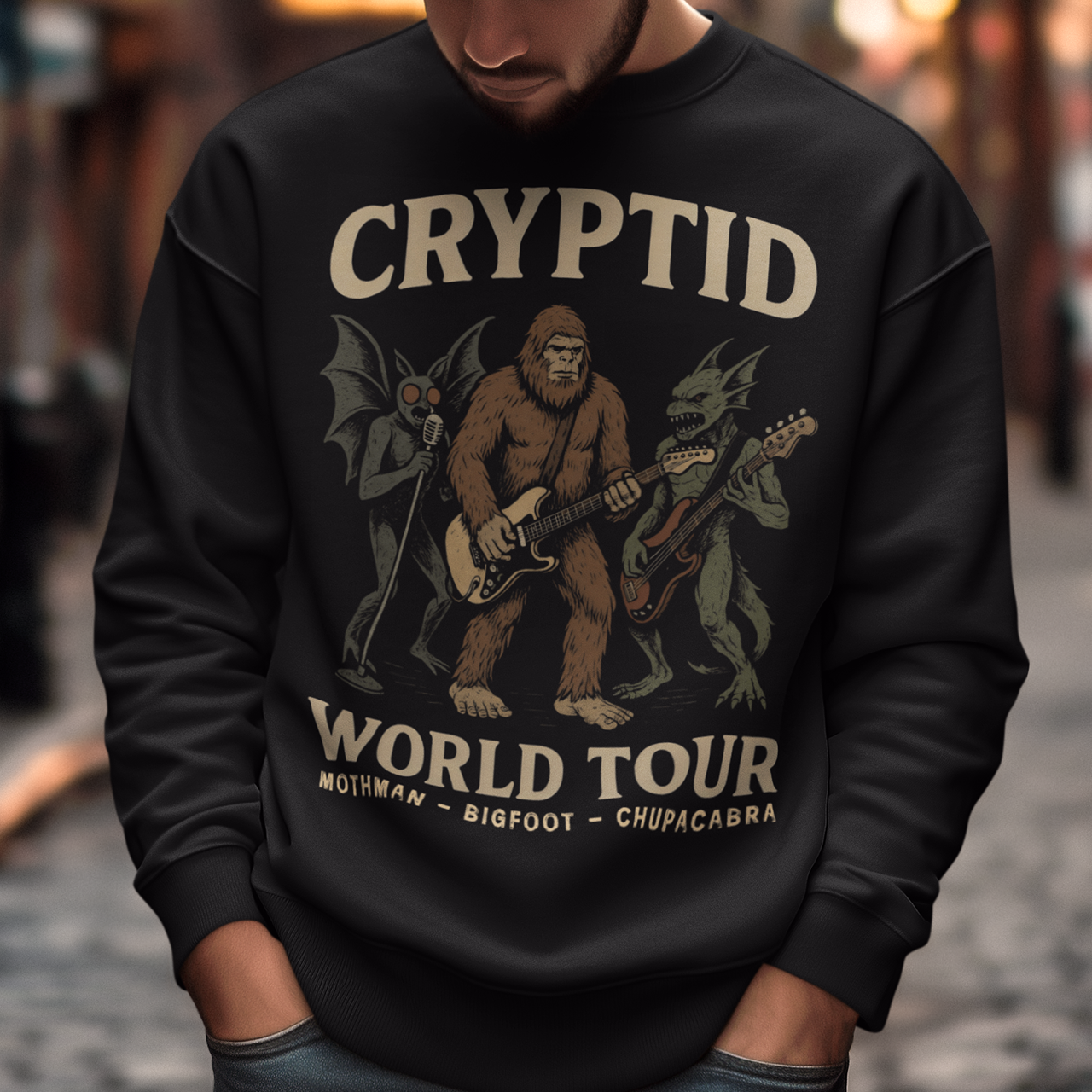 Rock out with legends from beyond the myths! This bold graphic sweatshirt features Mothman, Bigfoot, and the Chupacabra shredding as a rock band, headlining the CRYPTID WORLD TOUR. With vintage concert-poster vibes, it’s the perfect blend of spooky lore and rock ’n’ roll energy.