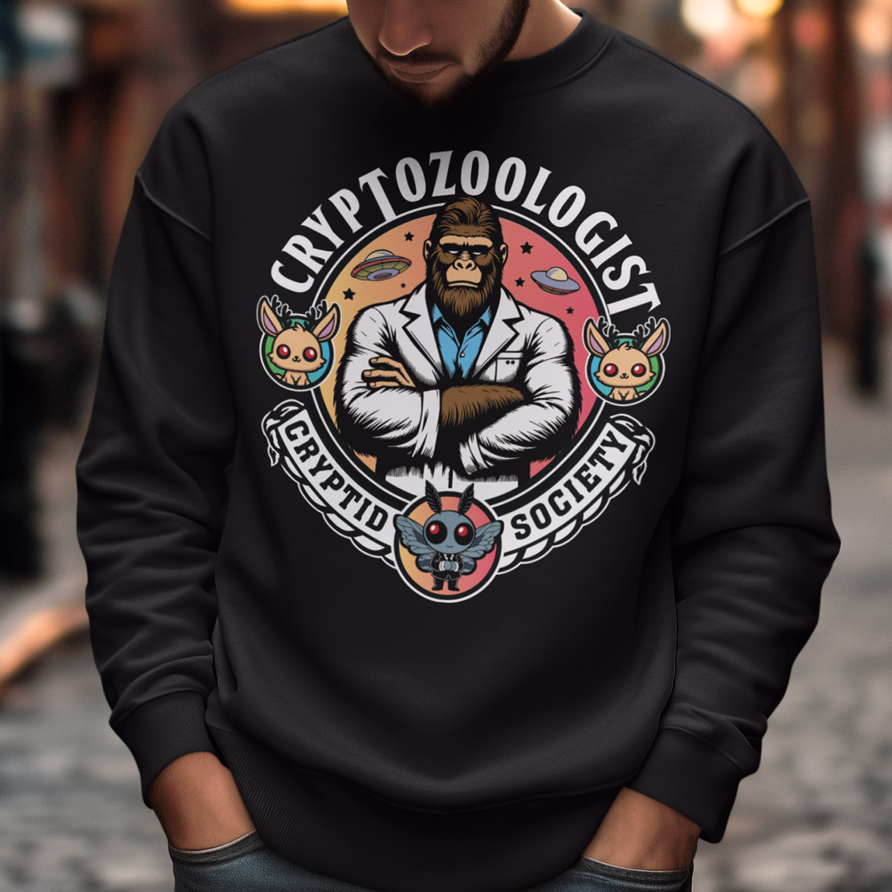 Introducing our enigmatic Cryptozoologist sweatshirt, where the mysteries of the unknown converge in an eye-catching design! Picture this: a towering Bigfoot, not merely a creature of folklore, but an esteemed scientist of the wilderness. Behind this enigmatic figure, the night sky is alive with the shimmering presence of UFOs, hinting at extraterrestrial encounters and the secrets they may hold.