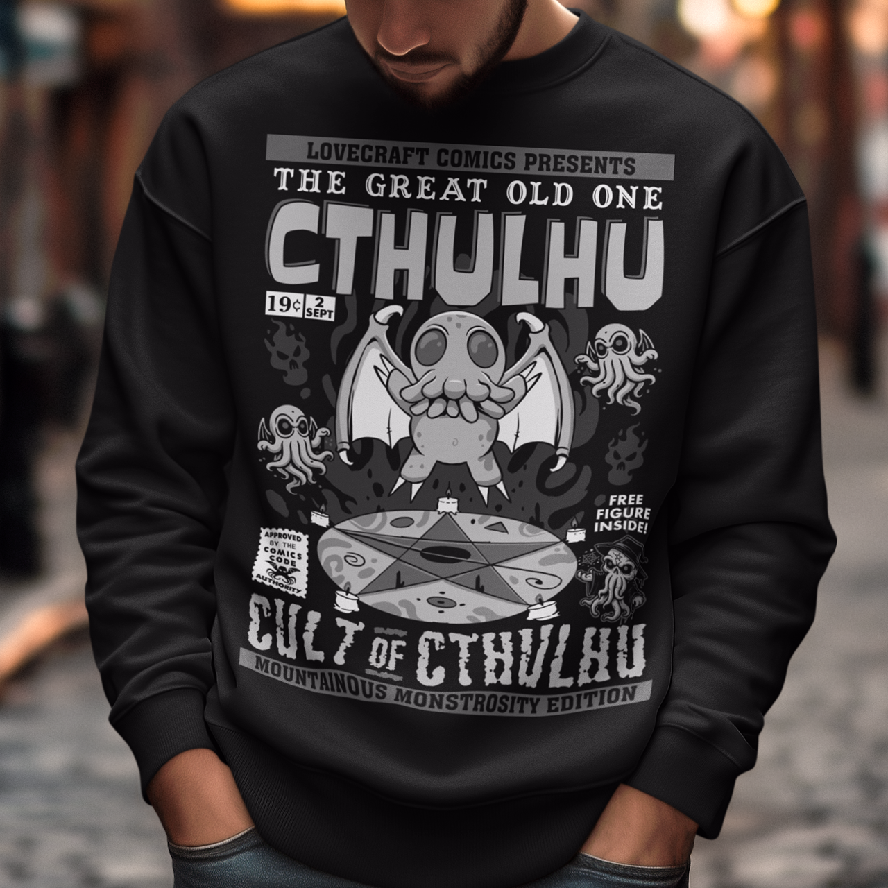 Black Sweatshirt of a comic book design of Cthulhu in a cult.