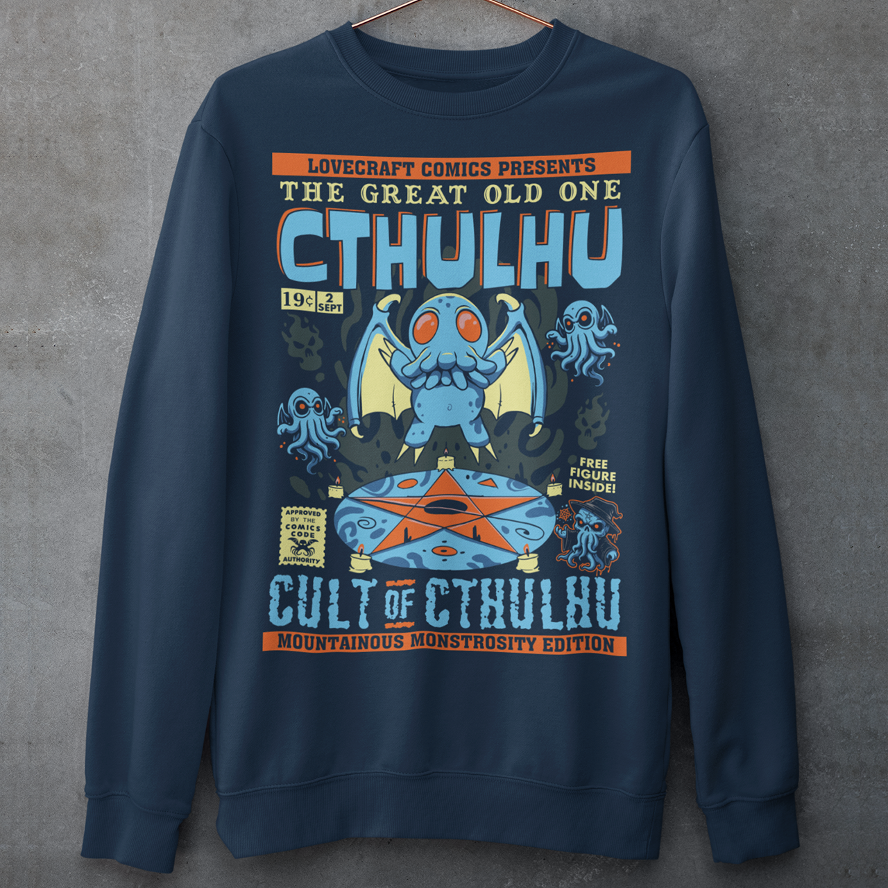 Navy Sweatshirt of a comic book design of Cthulhu in a cult.