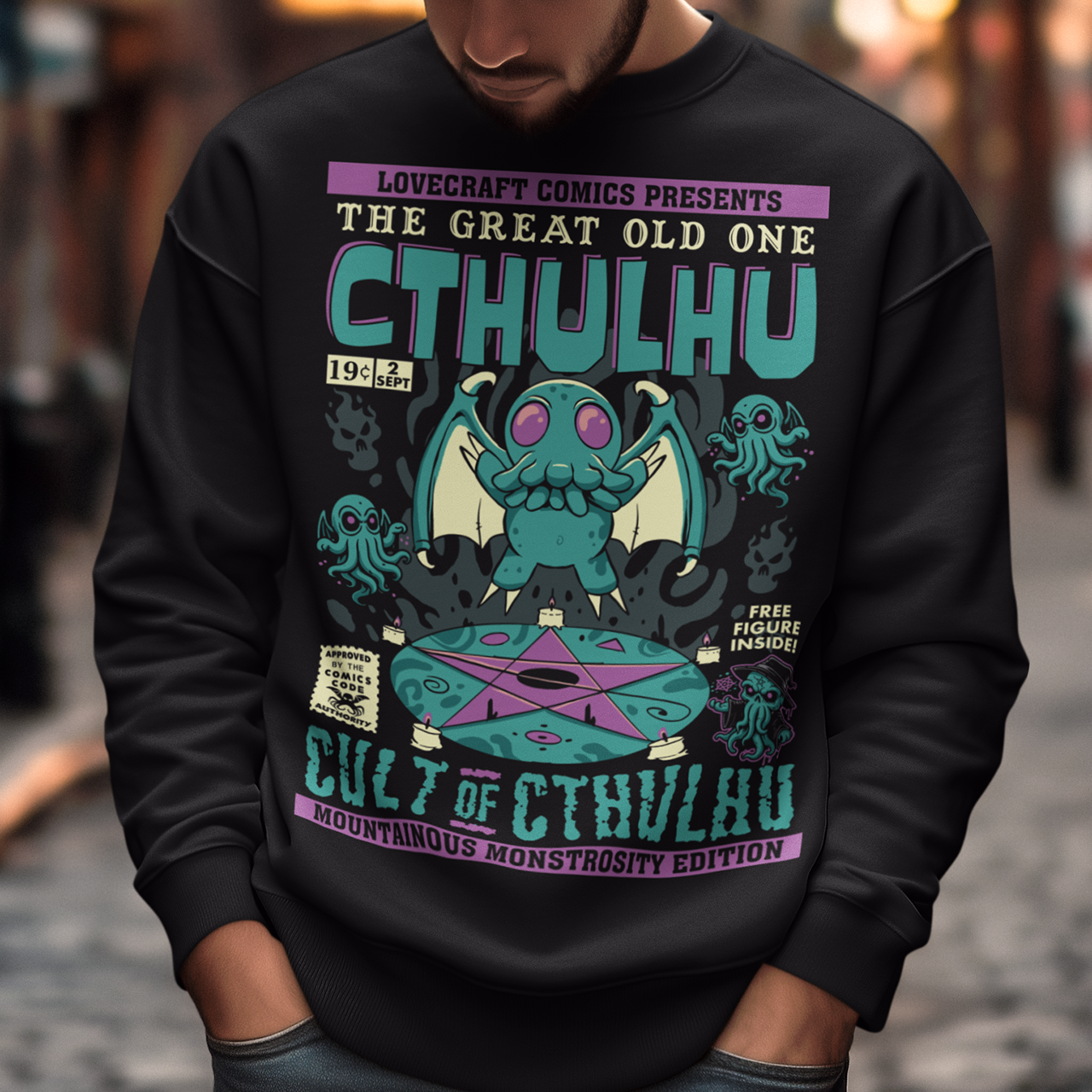 Black sweatshirt of a comic book design of Cthulhu in a cult.