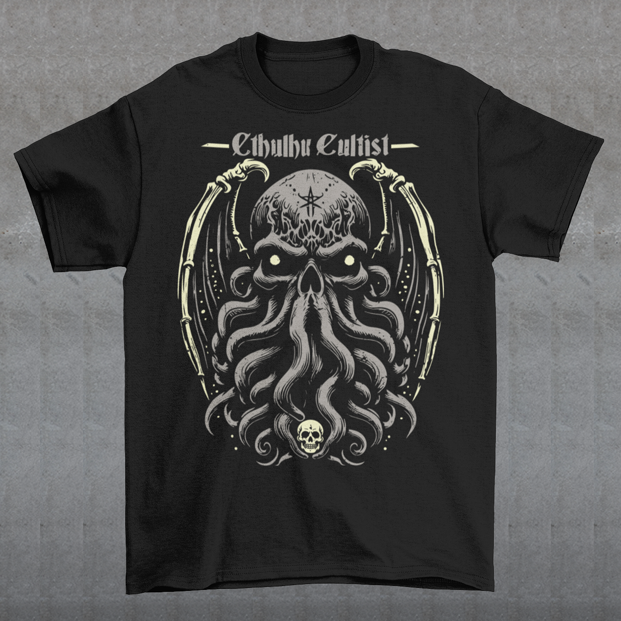 Unleash your dark allegiance with this bold graphic tee featuring a haunting skull-faced Cthulhu design. Tentacles twist and coil beneath a menacing skeletal visage, merging death and madness in one unforgettable image. Above the ancient cosmic horror, the words “Cthulhu Cultist” loom in eldritch-style lettering, marking you as a devoted follower of the Great Old One. Perfect for fans of Lovecraftian horror, dark fantasy, or anyone drawn to the mysterious depths of the unknown.