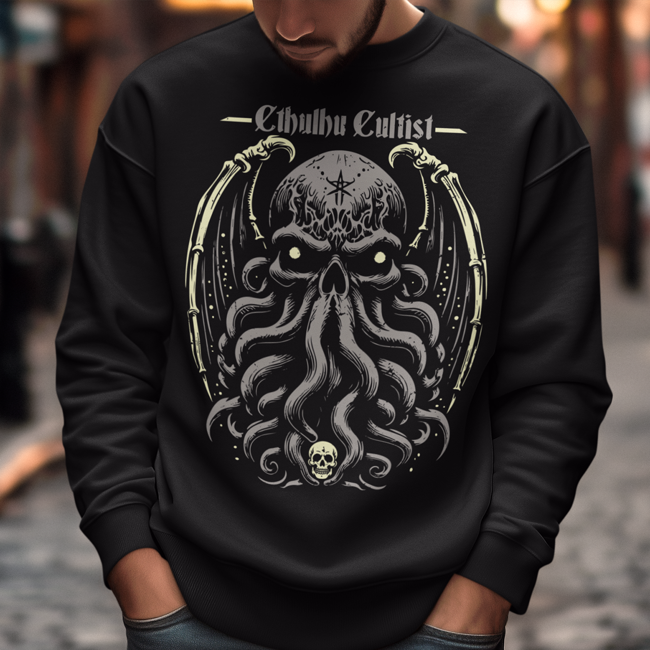 Unleash your dark allegiance with this bold graphic tee featuring a haunting skull-faced Cthulhu design. Tentacles twist and coil beneath a menacing skeletal visage, merging death and madness in one unforgettable image. Above the ancient cosmic horror, the words “Cthulhu Cultist” loom in eldritch-style lettering, marking you as a devoted follower of the Great Old One. Perfect for fans of Lovecraftian horror, dark fantasy, or anyone drawn to the mysterious depths of the unknown.