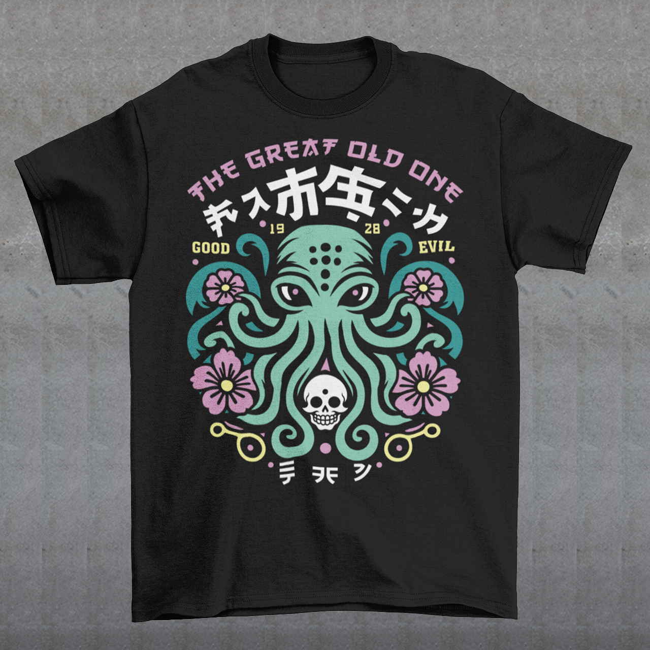 Summon the style of the deep with this striking Japanese Cthulhu tee. The design fuses H.P. Lovecraft’s legendary cosmic horror with bold Japanese ukiyo-e influences. This shirt is perfect for fans of Japanese art, Lovecraftian lore, and anyone who likes their fashion a little… unspeakable.